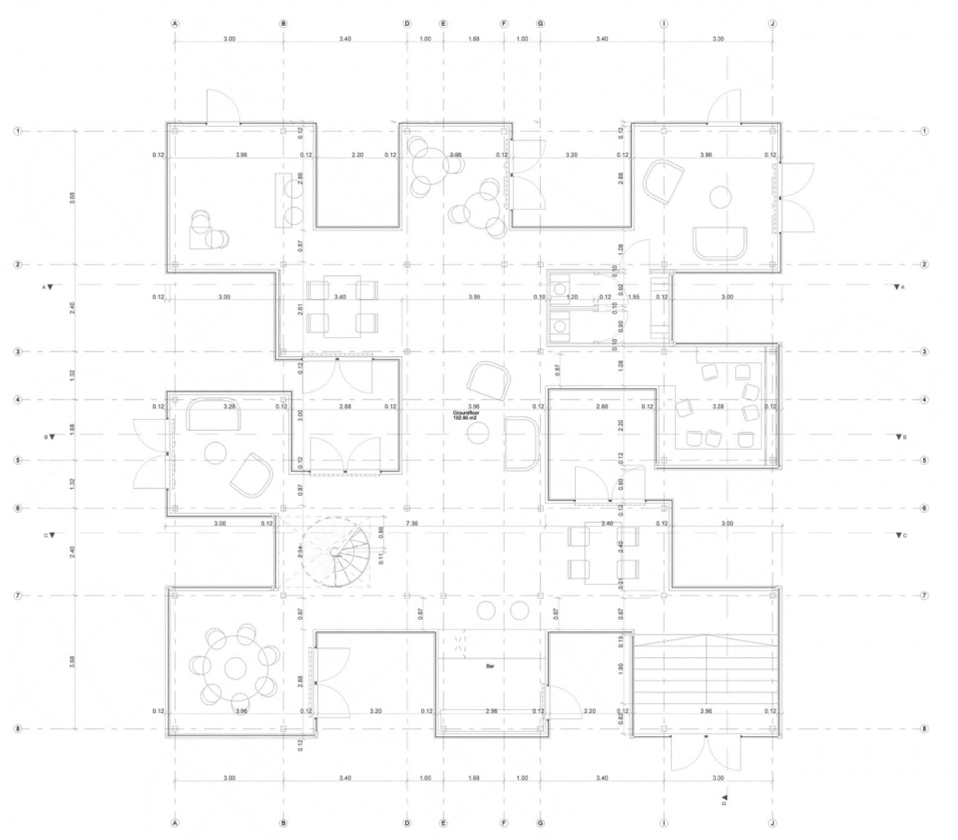 Floor plan of a residential building with various rooms and dimensions labeled.