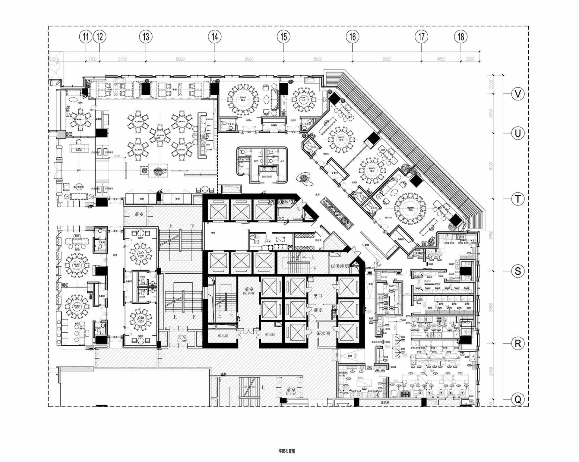 Detailed 2D architectural drawing of a modern commercial kitchen featuring steel, concrete, and tiled surfaces.