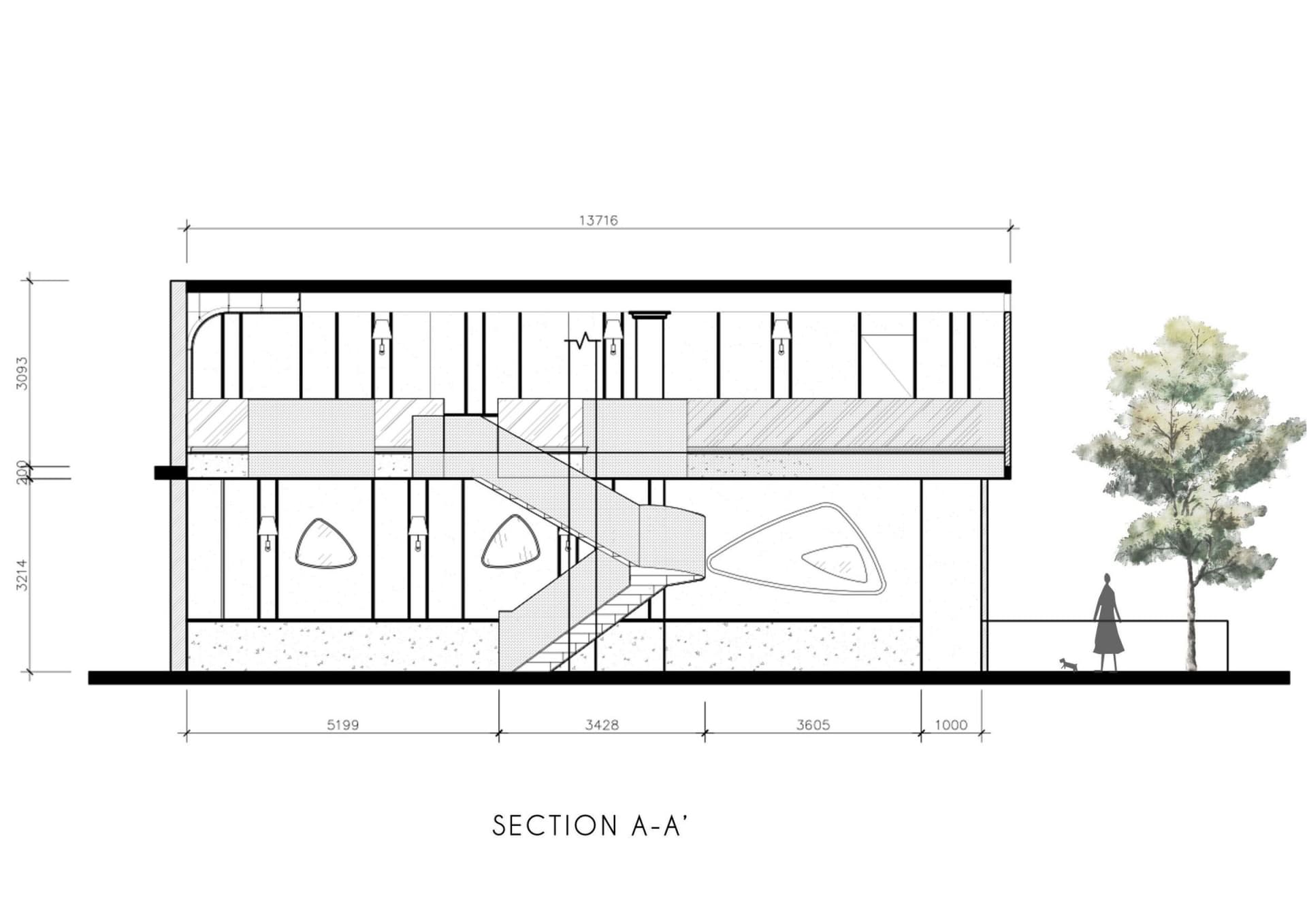 現代室內的橫截面建築圖，展示混凝土牆面與地板。