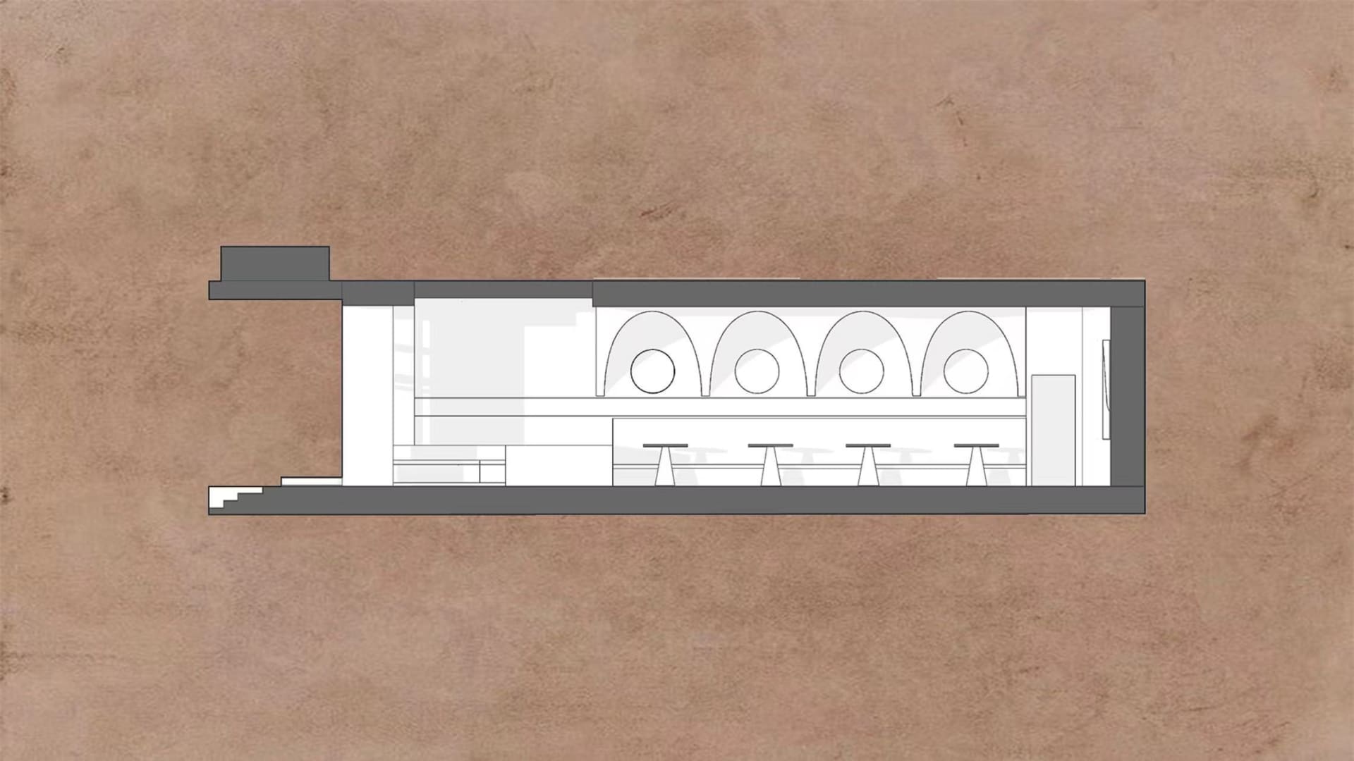 餐廳室內設計的詳細建築草圖，展示拱門與座位安排。