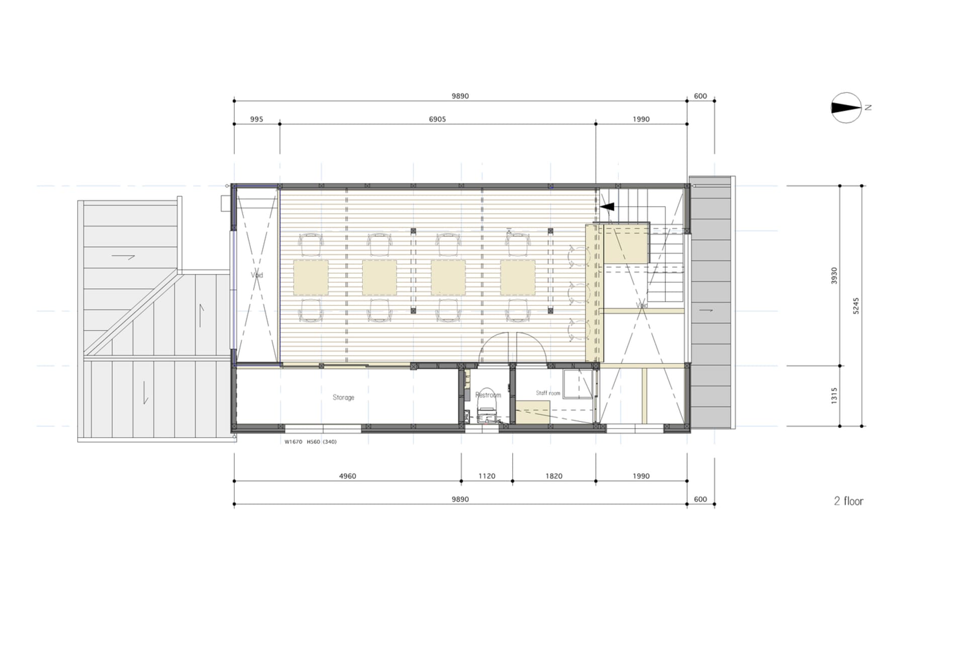 一張細膩的2D建築圖，呈現現代辦公室空間，擁有挑高天花板、開放式平面及寬敞格局。