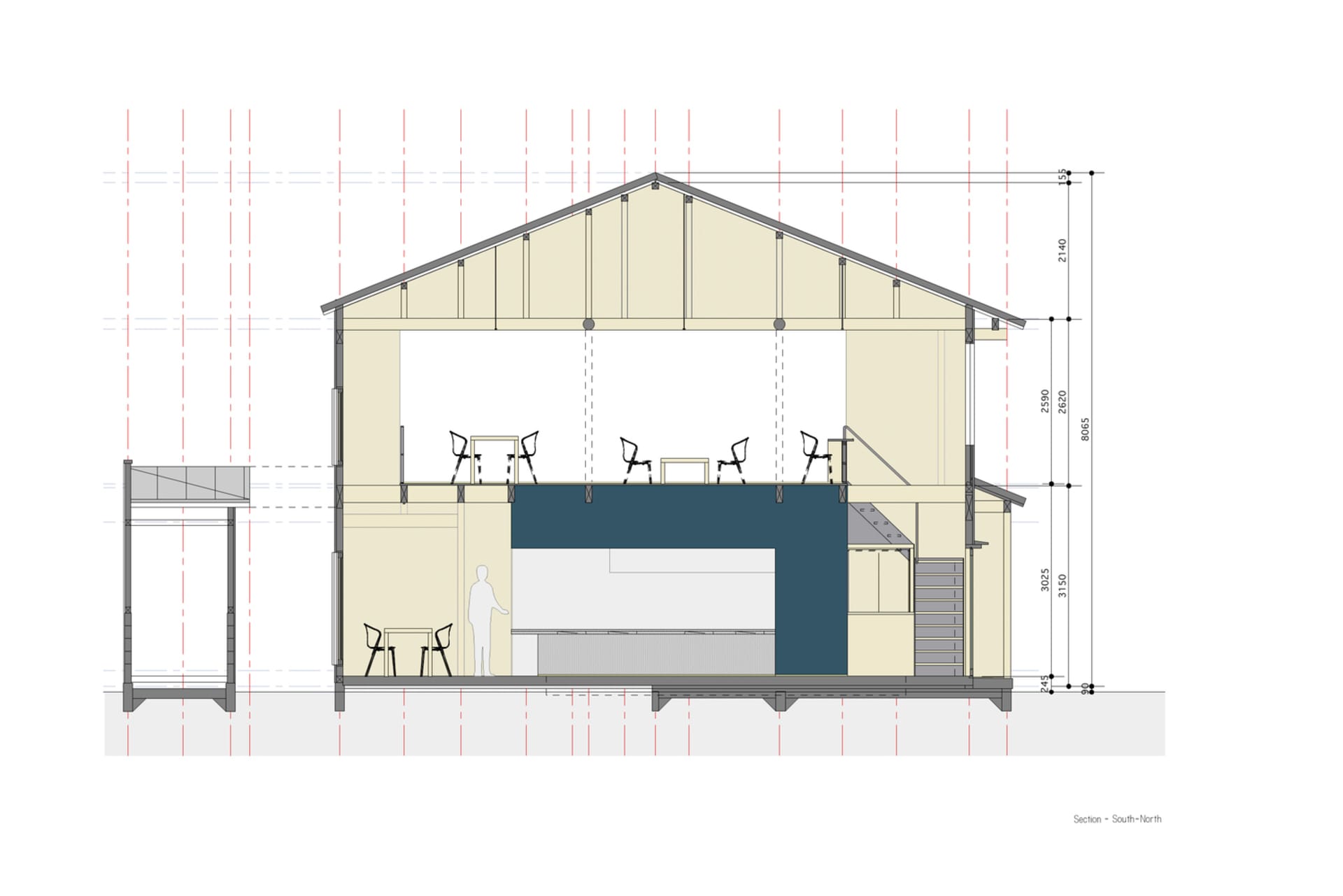 An architectural drawing of a modern office space featuring open-plan layout and natural light.