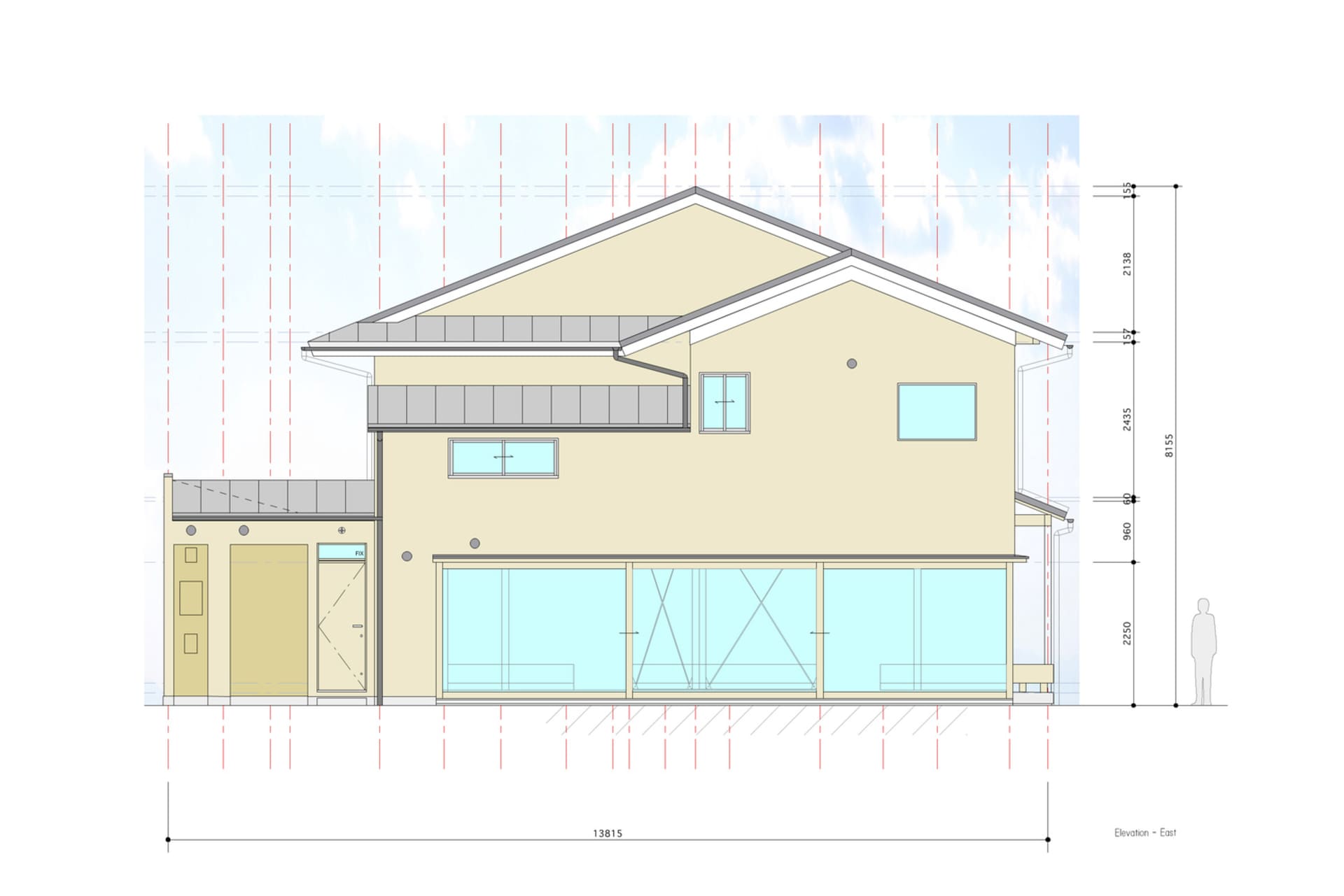 A residential building featuring a modern design with glass walls and beige siding.