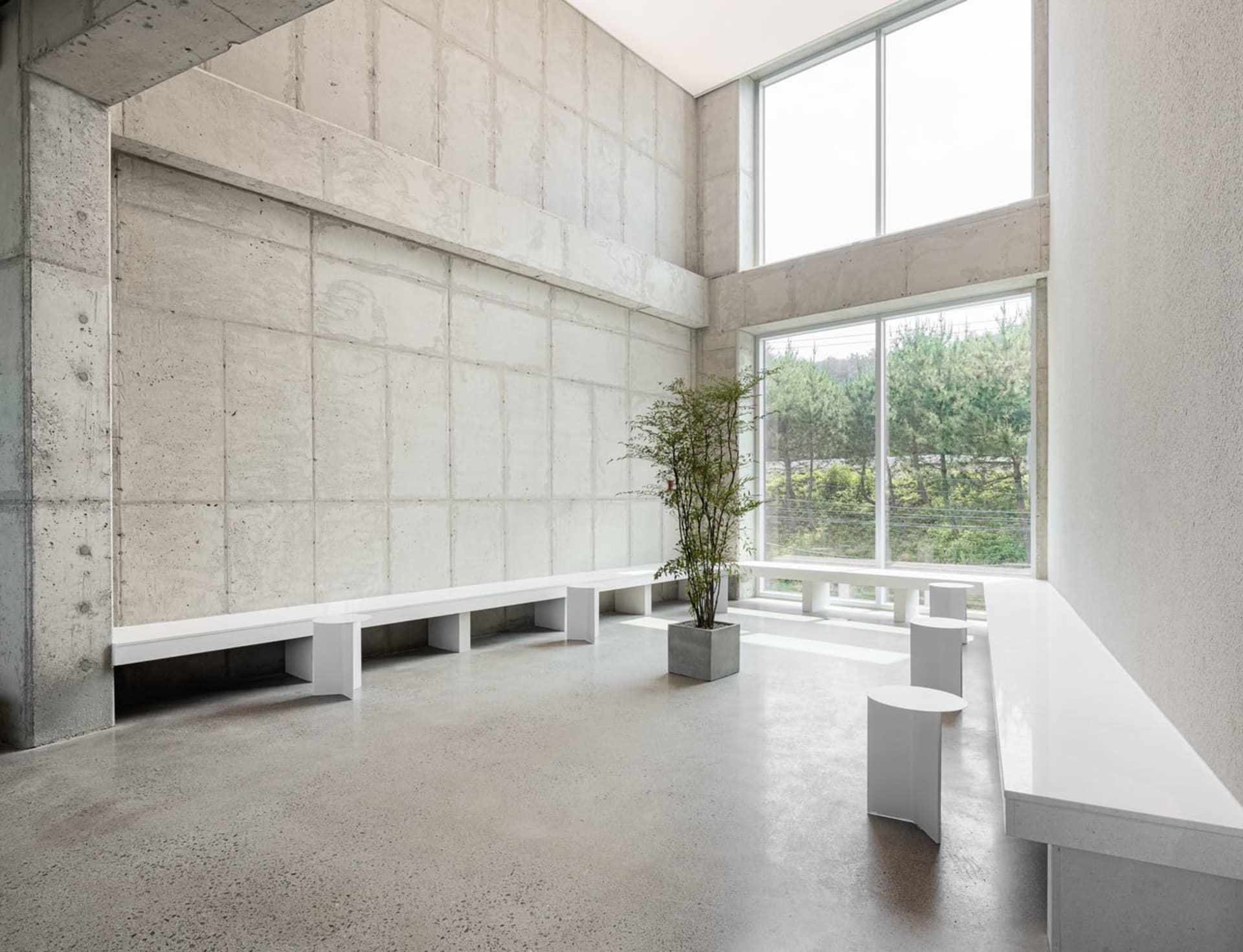 Modern interior design featuring concrete floors and walls, showcasing contemporary style.