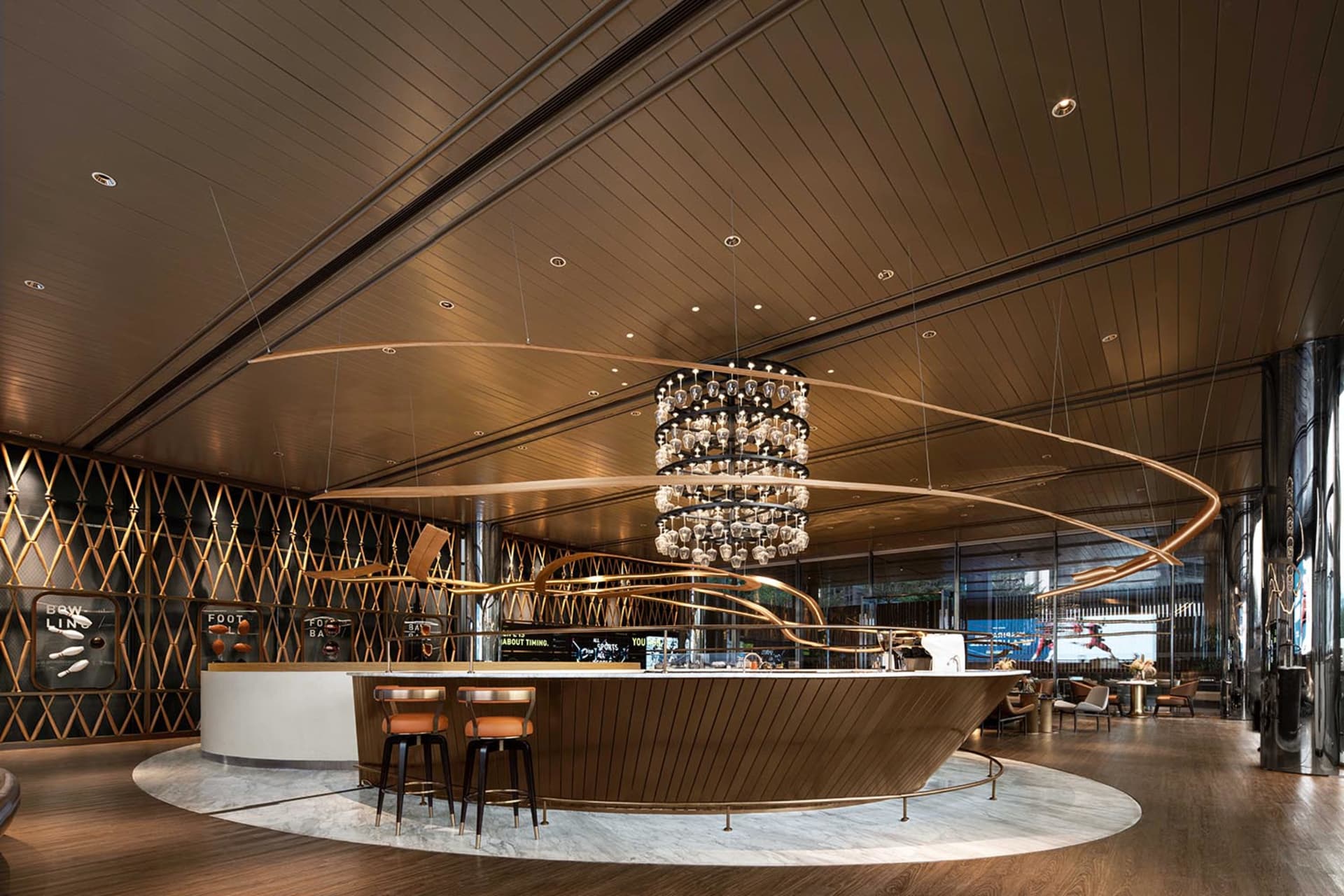 Modern bar with marble countertop and metal accents