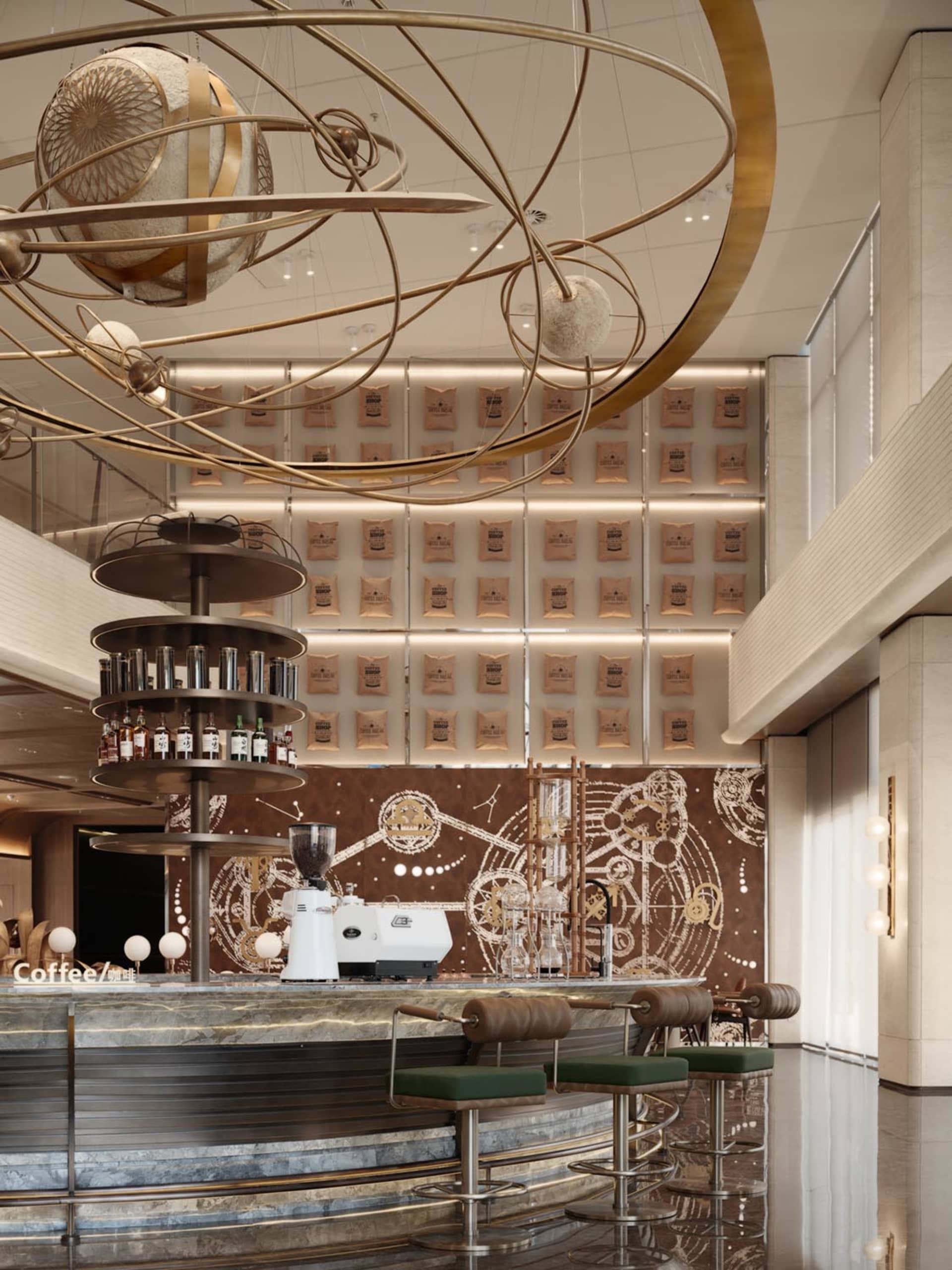 Modern design of a coffee bar featuring metal and stone materials.