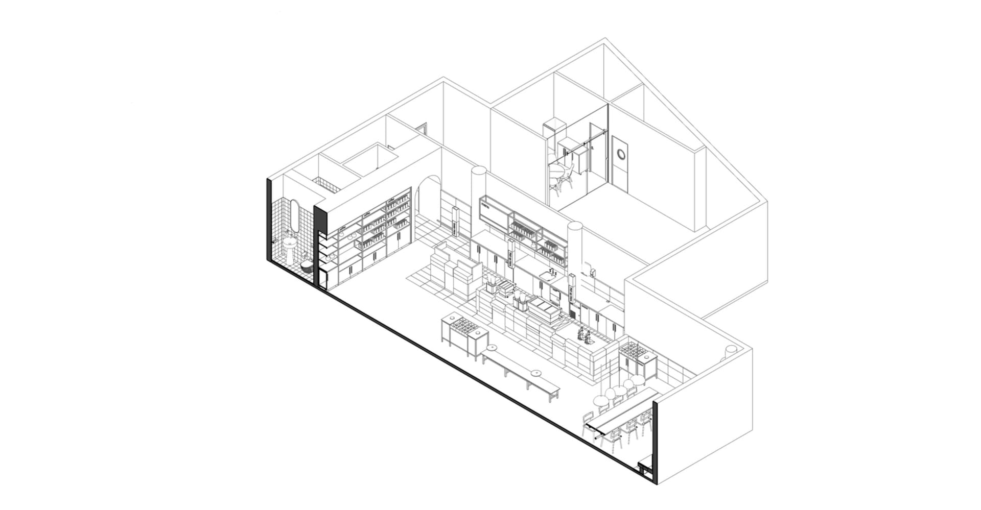 一張等角黑白建築圖,描繪一座採用金屬與玻璃材質的現代美食廣場。