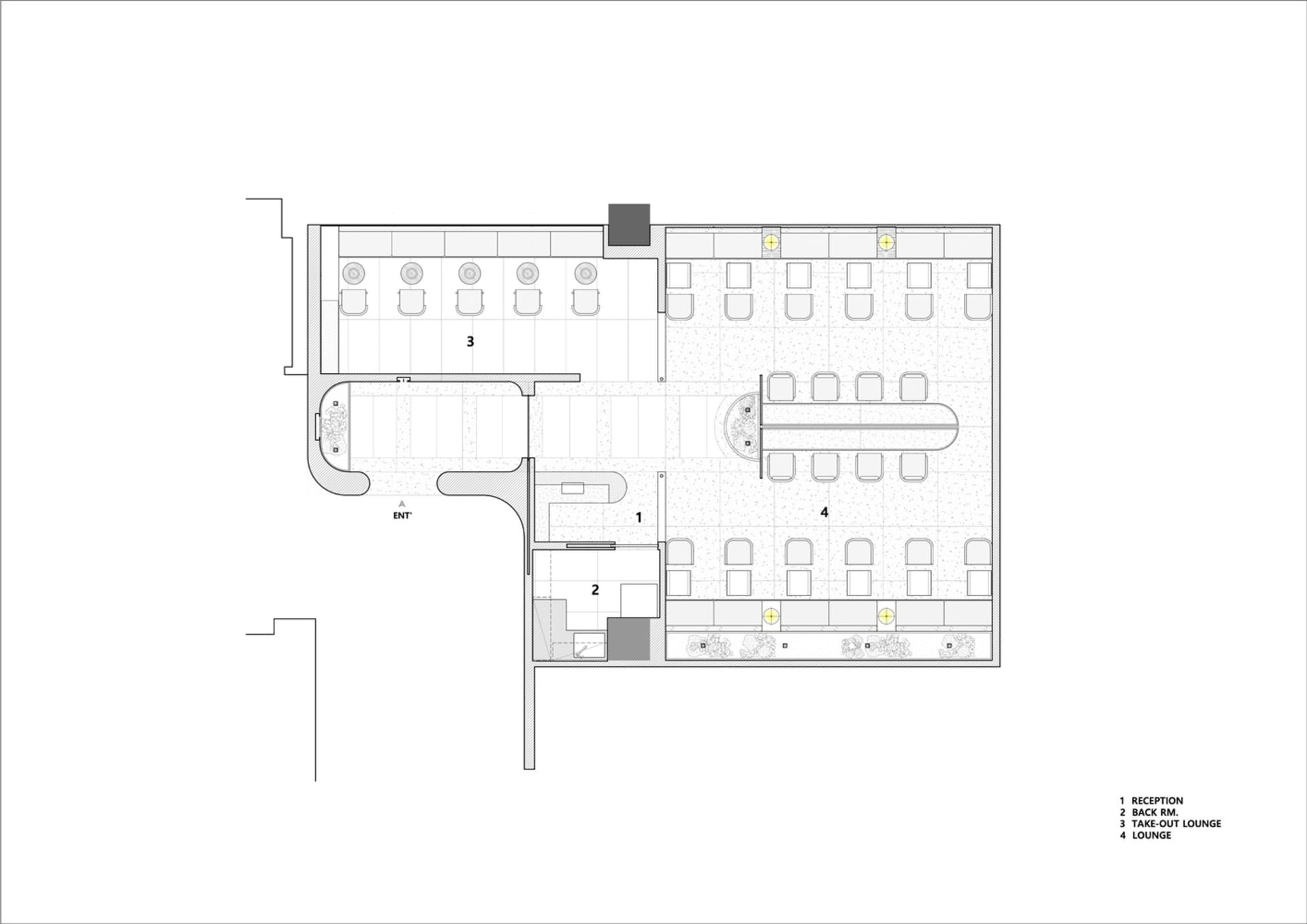 Diagram of a restaurant layout featuring lounge seating, a take-out lounge, a back room, and reception areas.