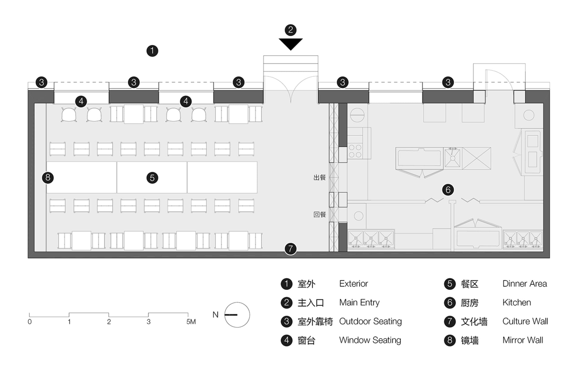 A detailed 2D architectural drawing of a restaurant interior layout, showing various seating arrangements, kitchen area, and