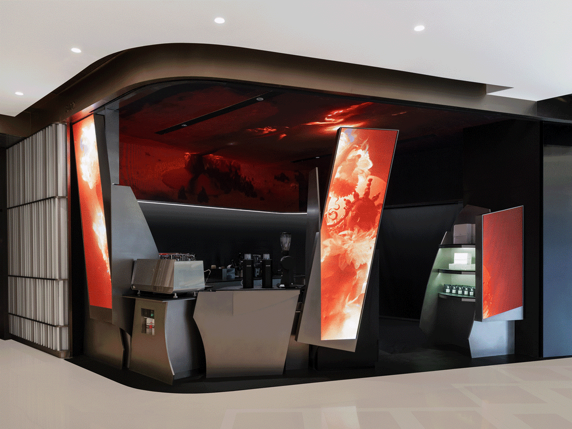 A modern coffee shop with sleek metal furniture and large glass panels.