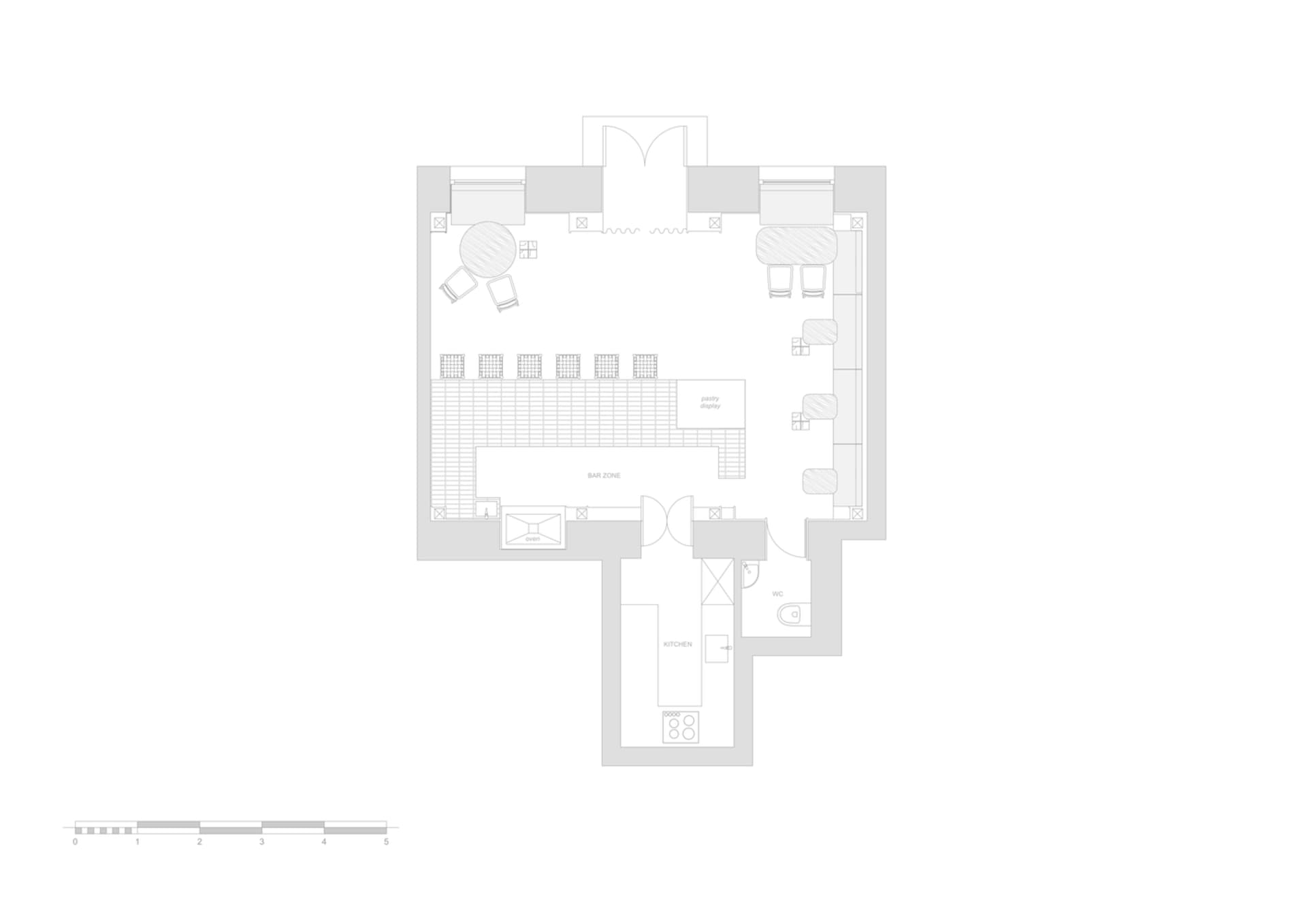 A restaurant floor plan featuring concrete and glass materials.
