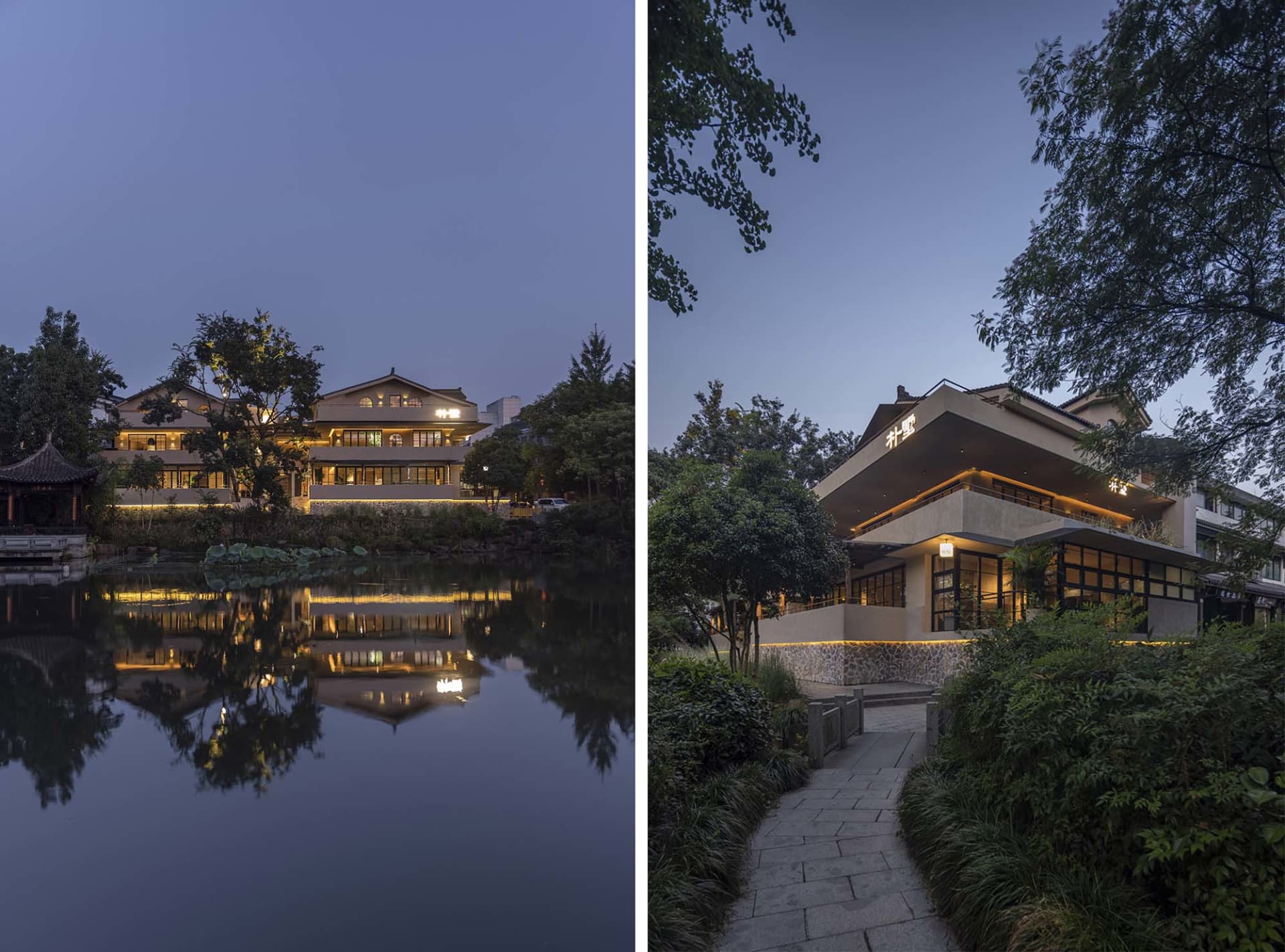 A serene residential exterior with illuminated windows and wooden structures surrounded by lush greenery.