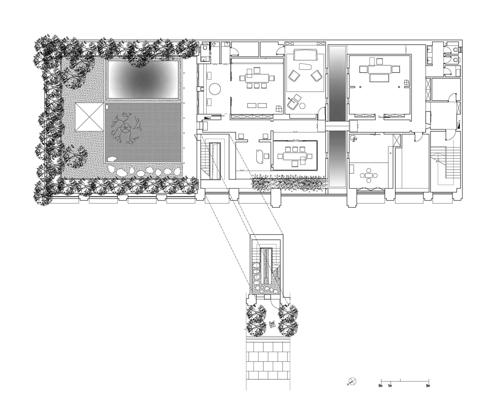 A detailed architectural floor plan depicting an apartment's interior design, including rooms, furniture layout, and layout o