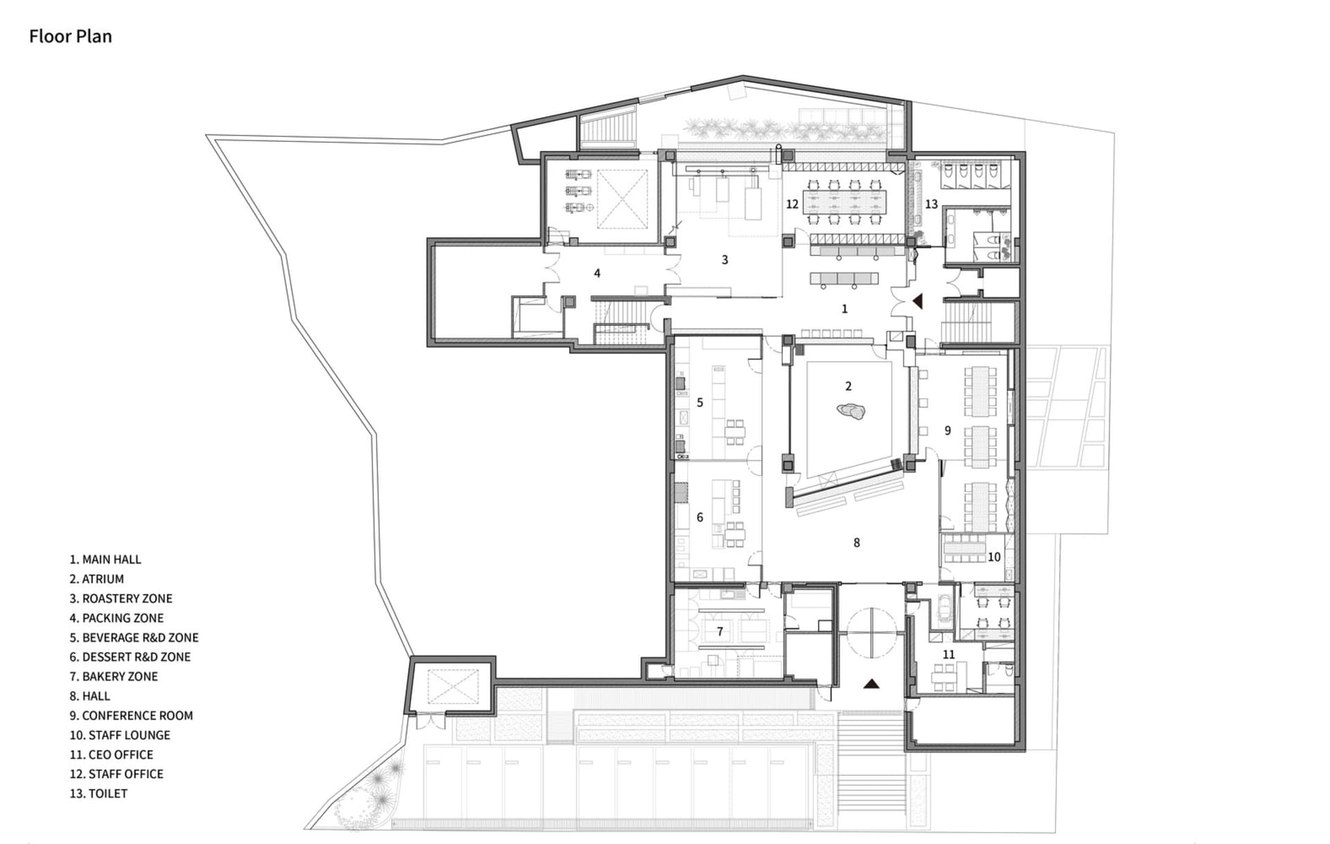 一張詳細的現代辦公室建築平面圖，展示各功能區域與空間配置。