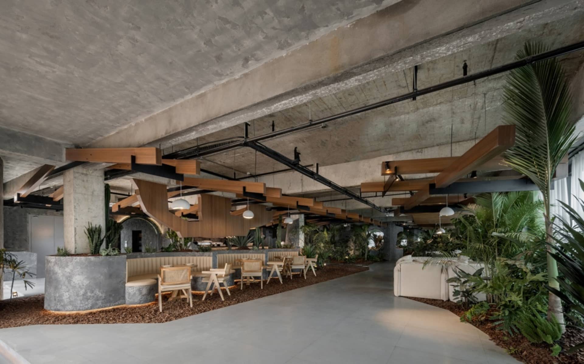 A modern industrial restaurant with concrete ceilings, wooden structures, and green plants for decoration.