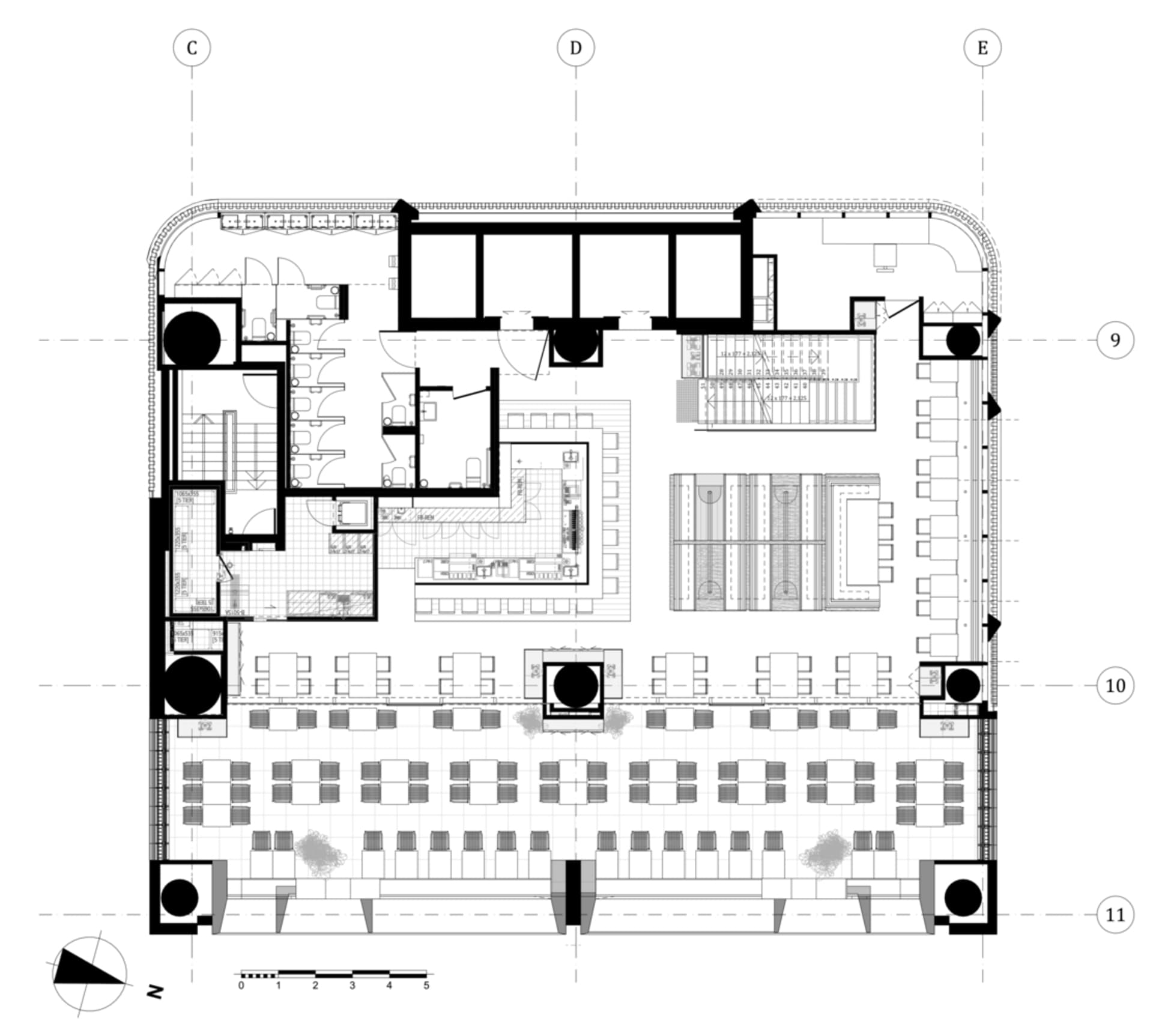 餐廳混凝土地板與空間配置的詳細建築平面圖。