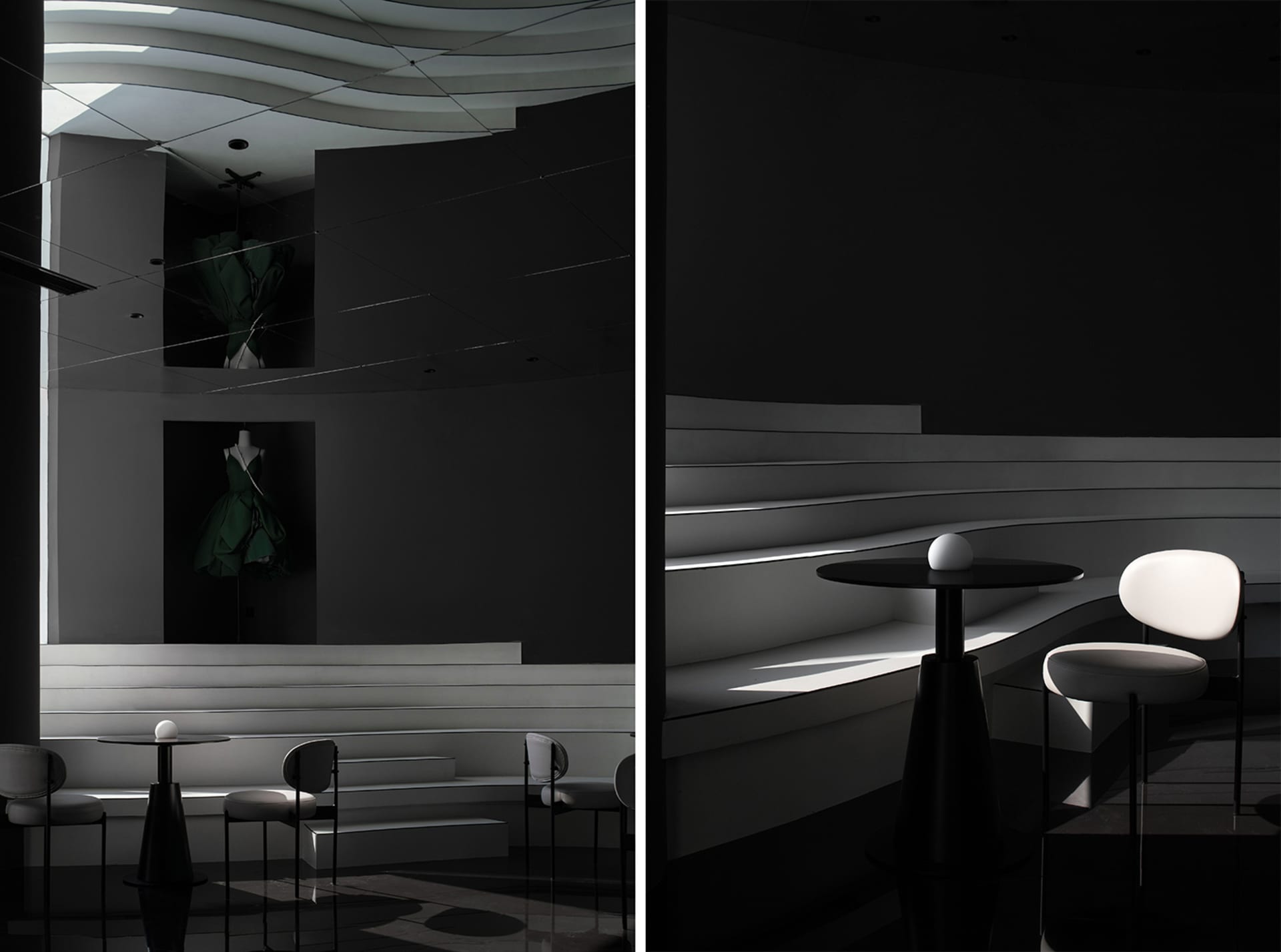 Industrial-style interior space featuring metallic and glass elements.