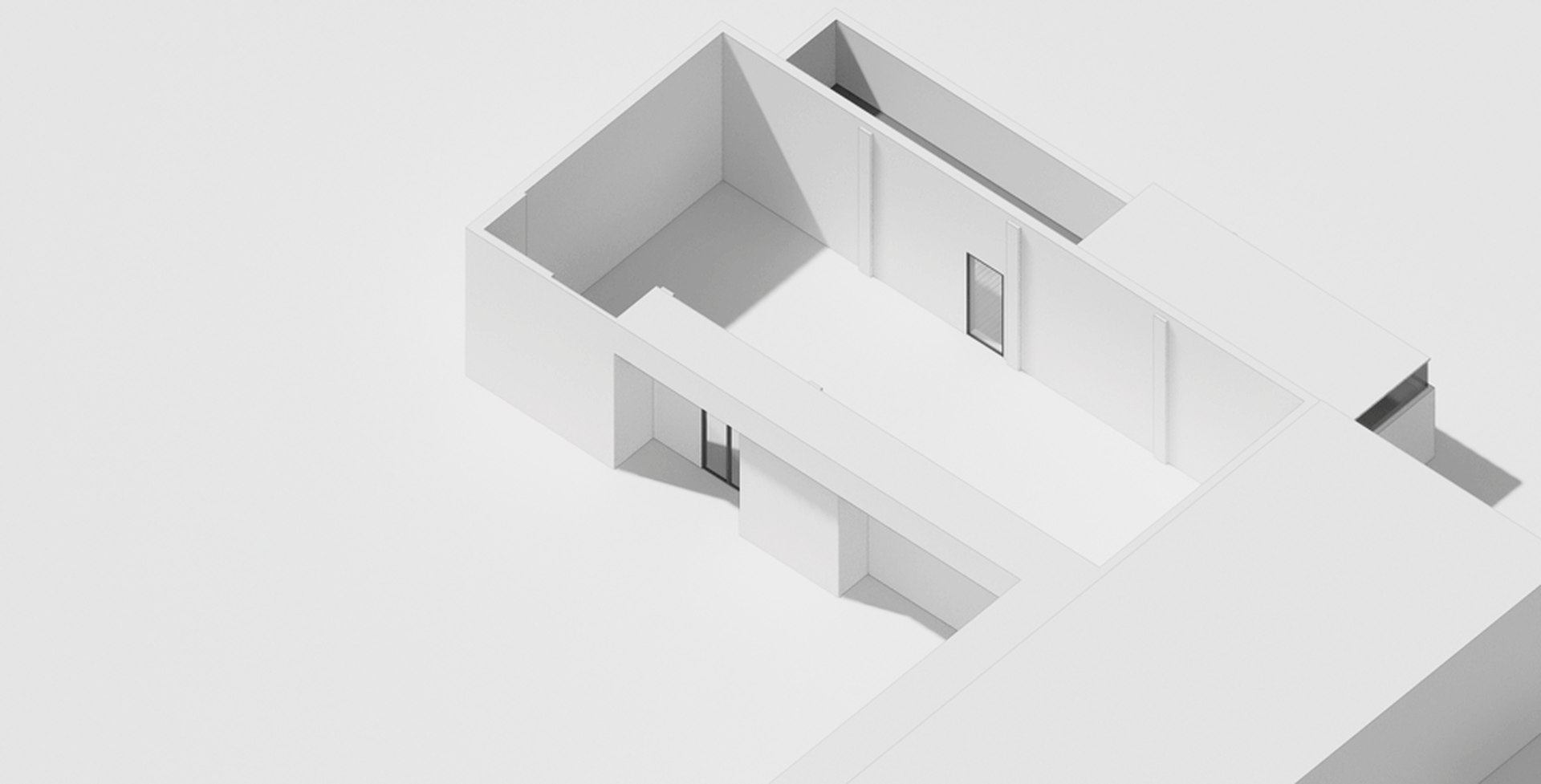 An abstract representation of a modern residential floor plan featuring concrete walls and open spaces.