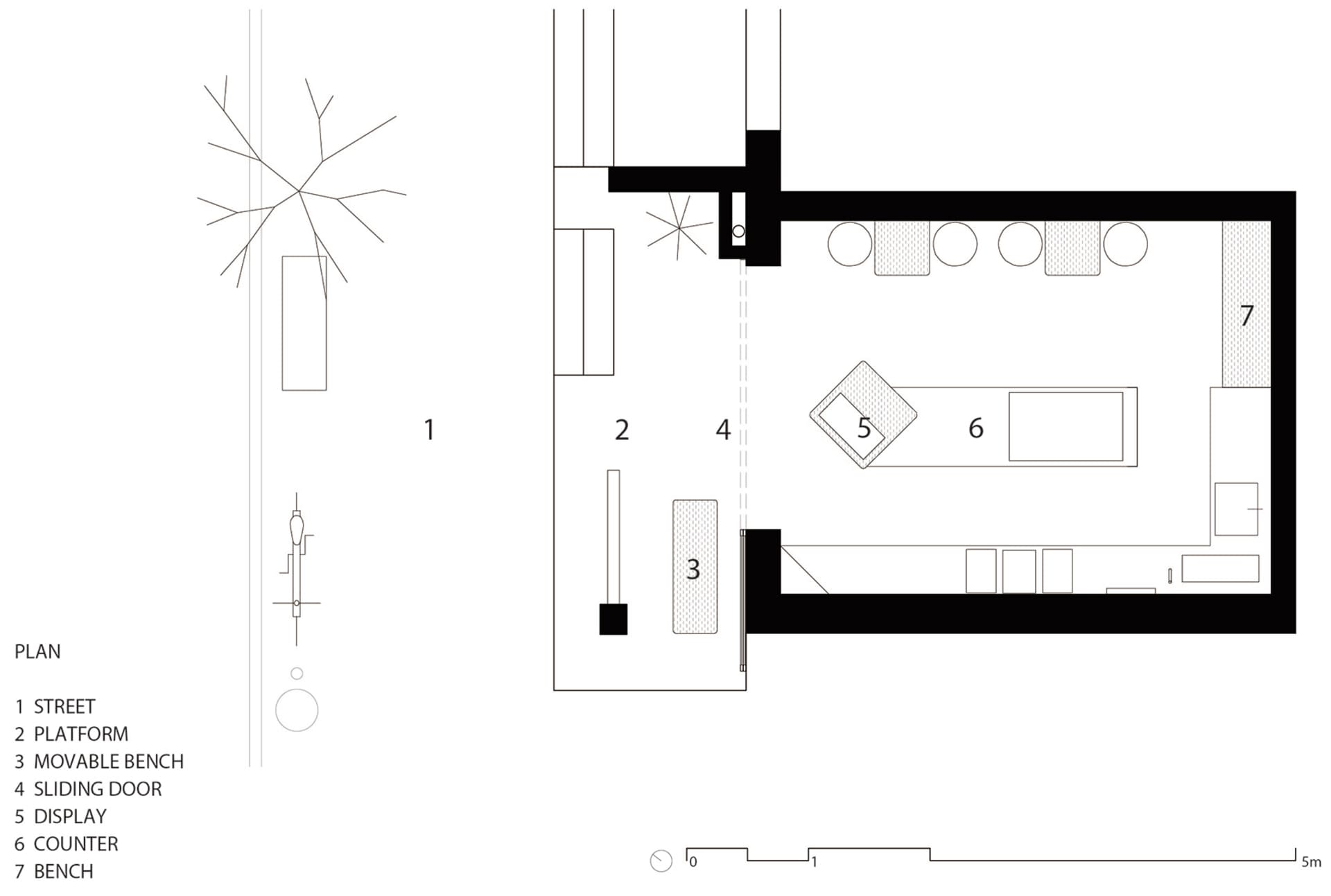 Modern retail storefront layout with platform, movable bench, sliding door, and display counter.