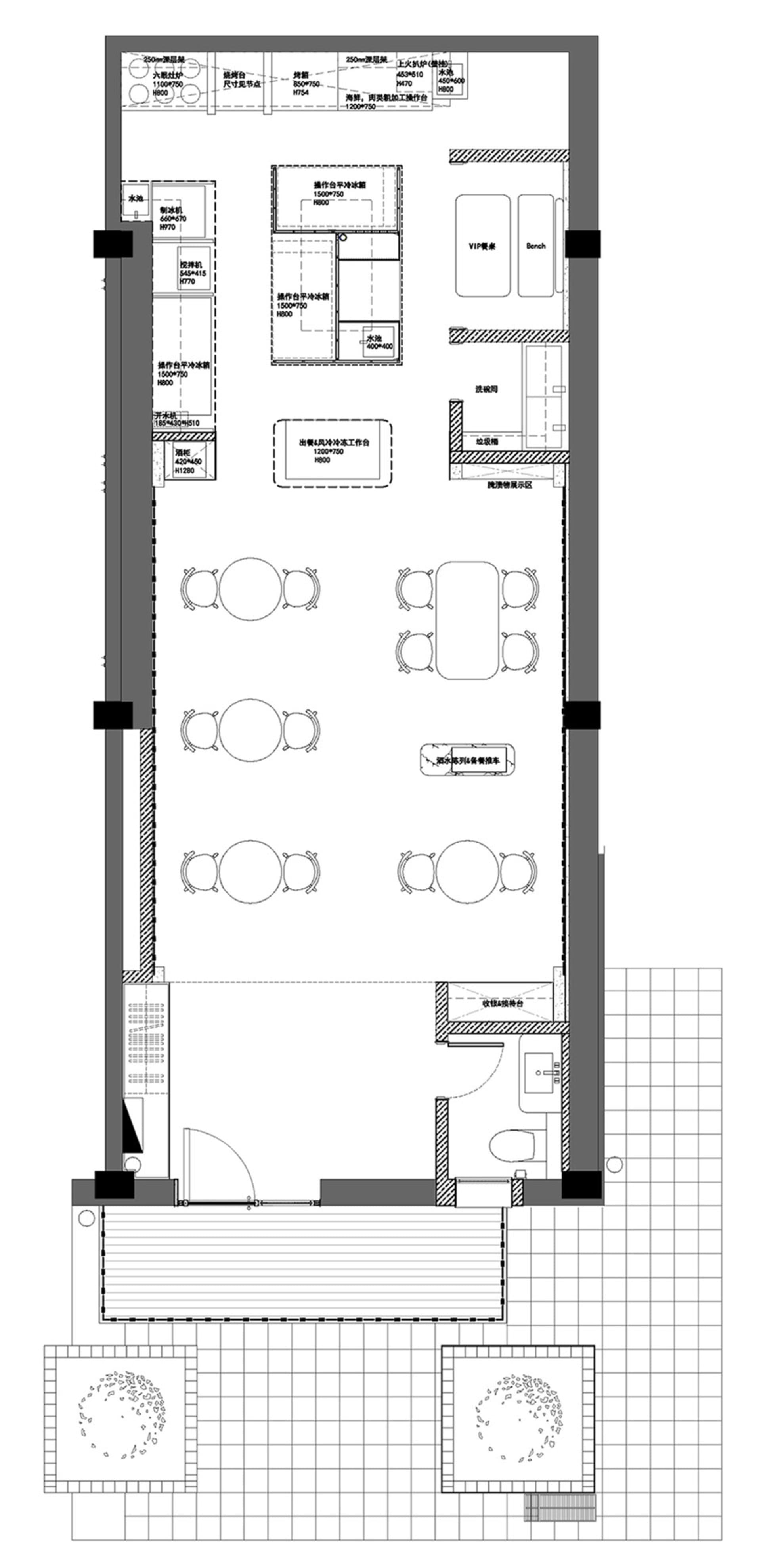 餐廳室內的詳細建築藍圖,展示空間配置、功能分區與家具擺設。