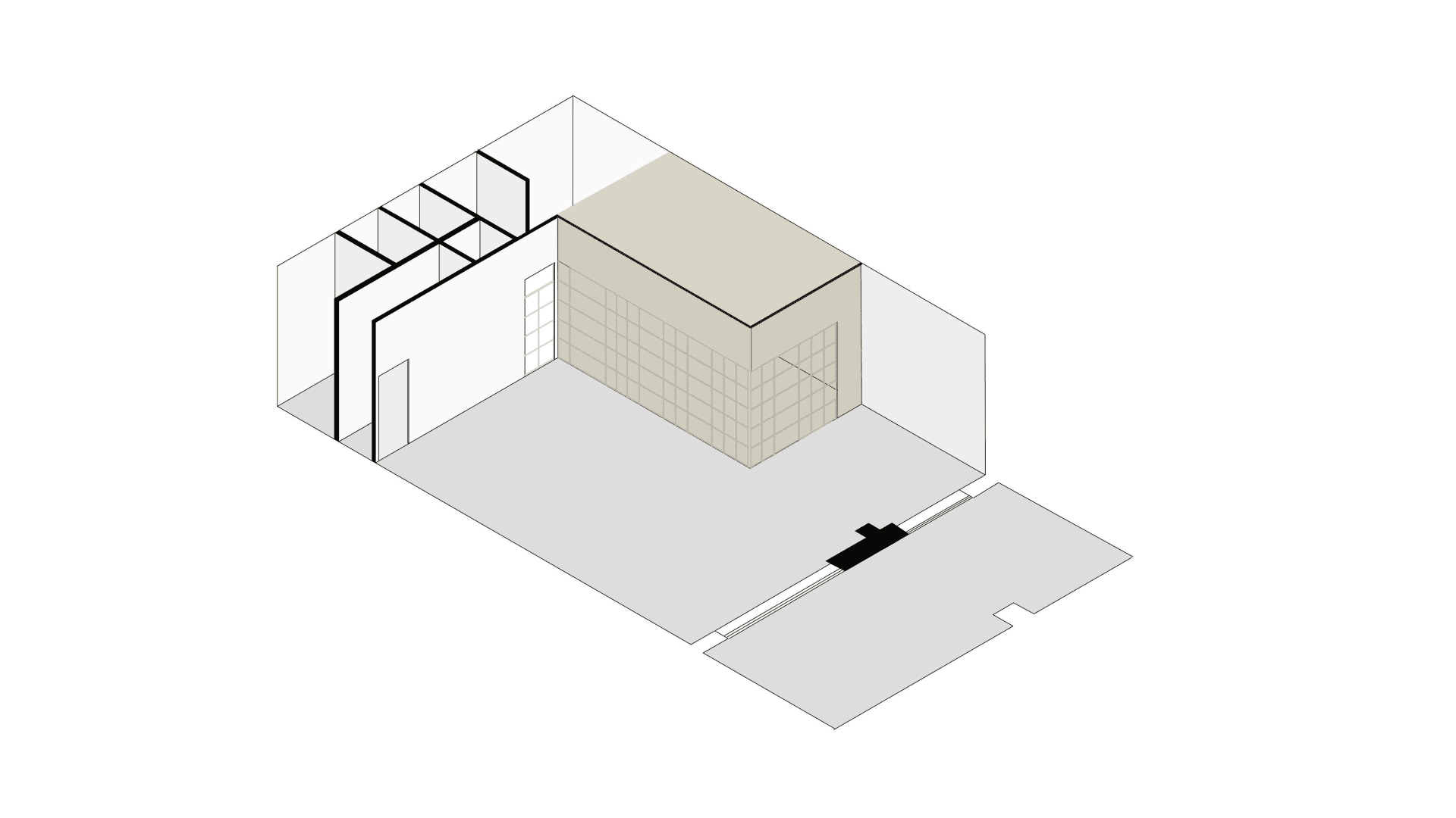 A modern garage interior with a concrete floor, grid wall, and roof.
