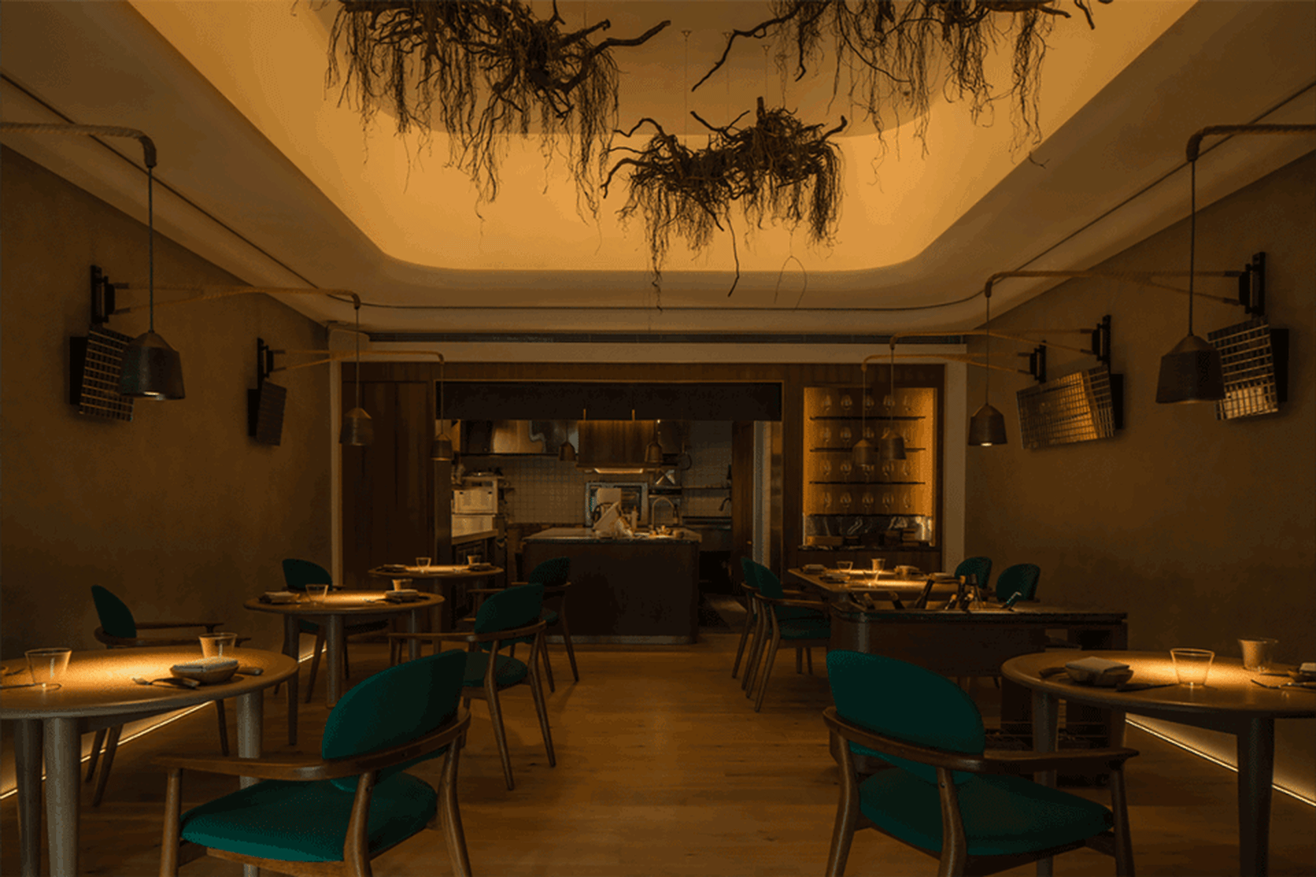 Modern restaurant interior with tables, chairs, and hanging plants