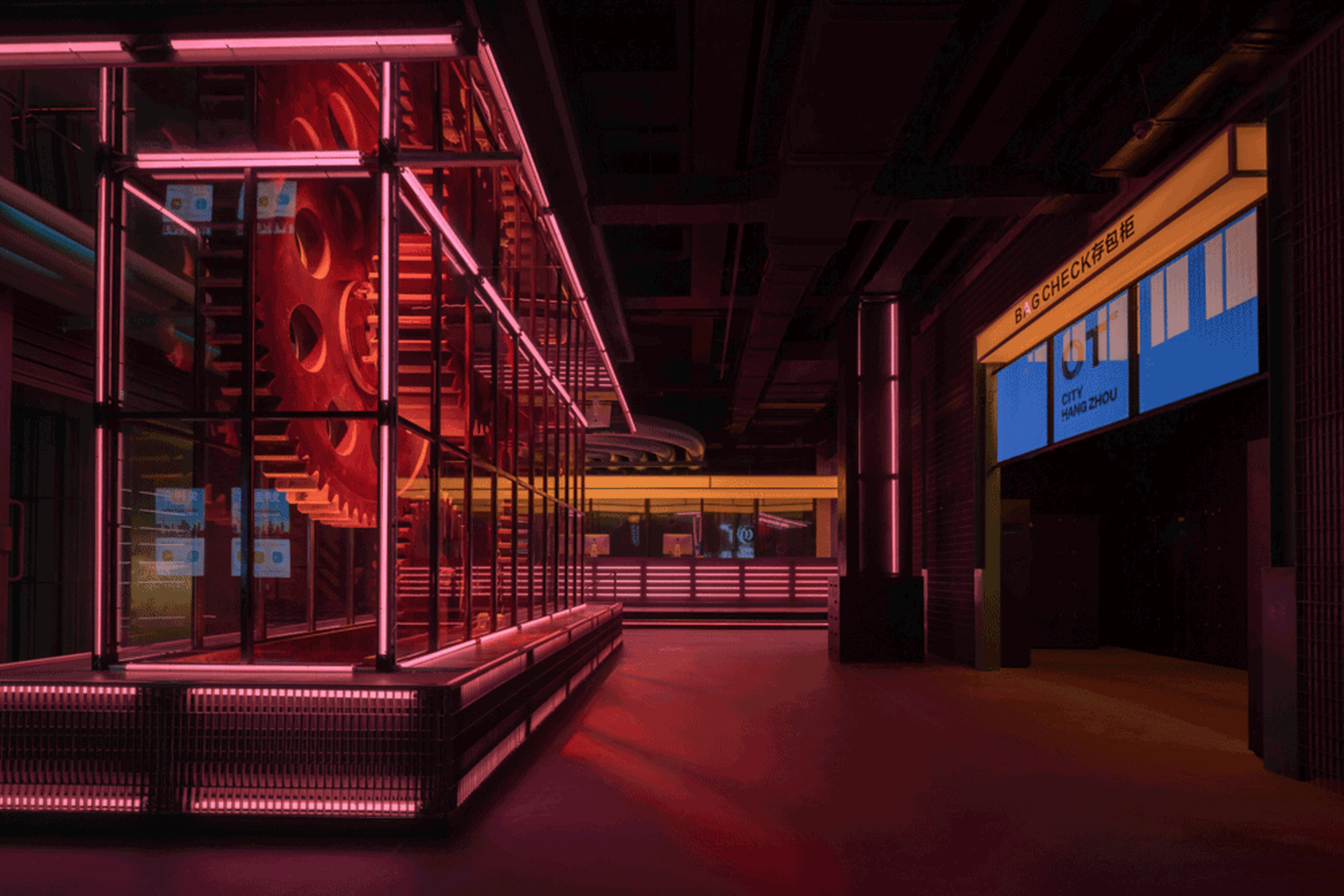Industrial-themed urban exhibit featuring metal pipes and glass windows.