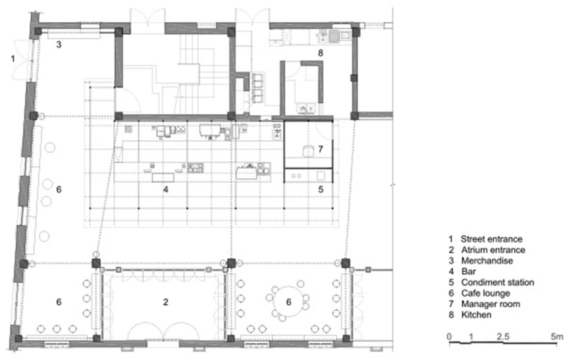 Floor plan of a modern commercial space with functional zones including street entrance, atrium entrance, merchandise area, b