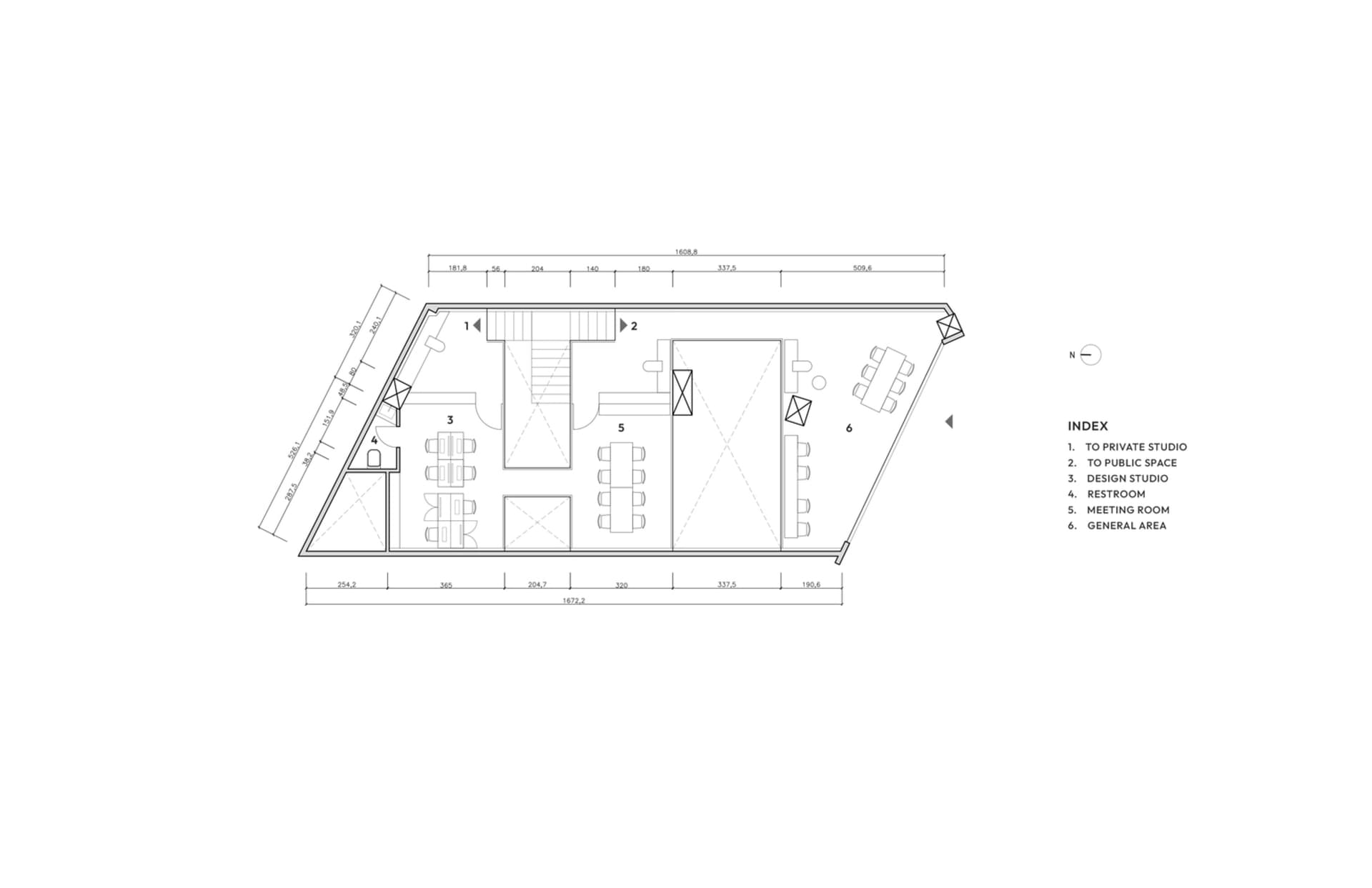 An architectural blueprint of a modern office layout featuring multiple functional zones and a clear floor plan.