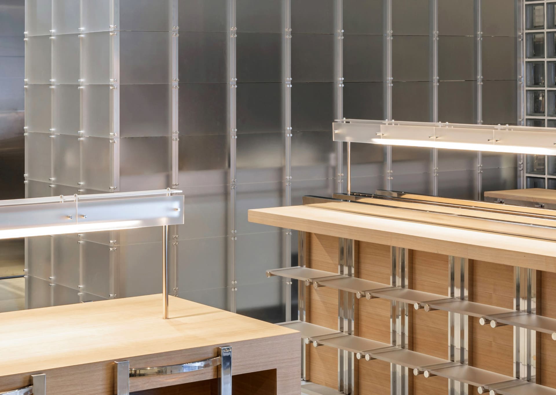 Modern retail storefront featuring wood and metal materials