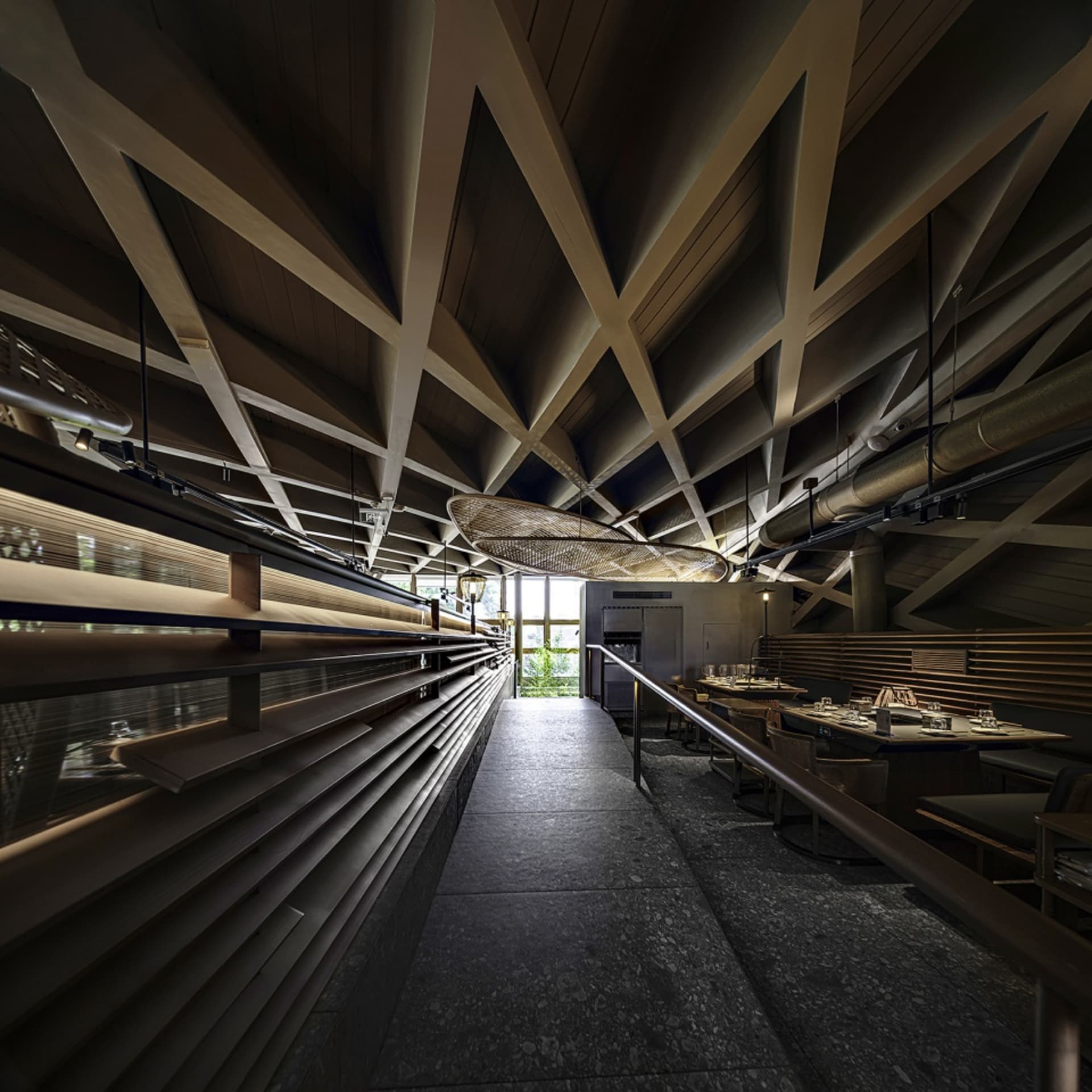 Industrial-style restaurant interior featuring a combination of wood materials.