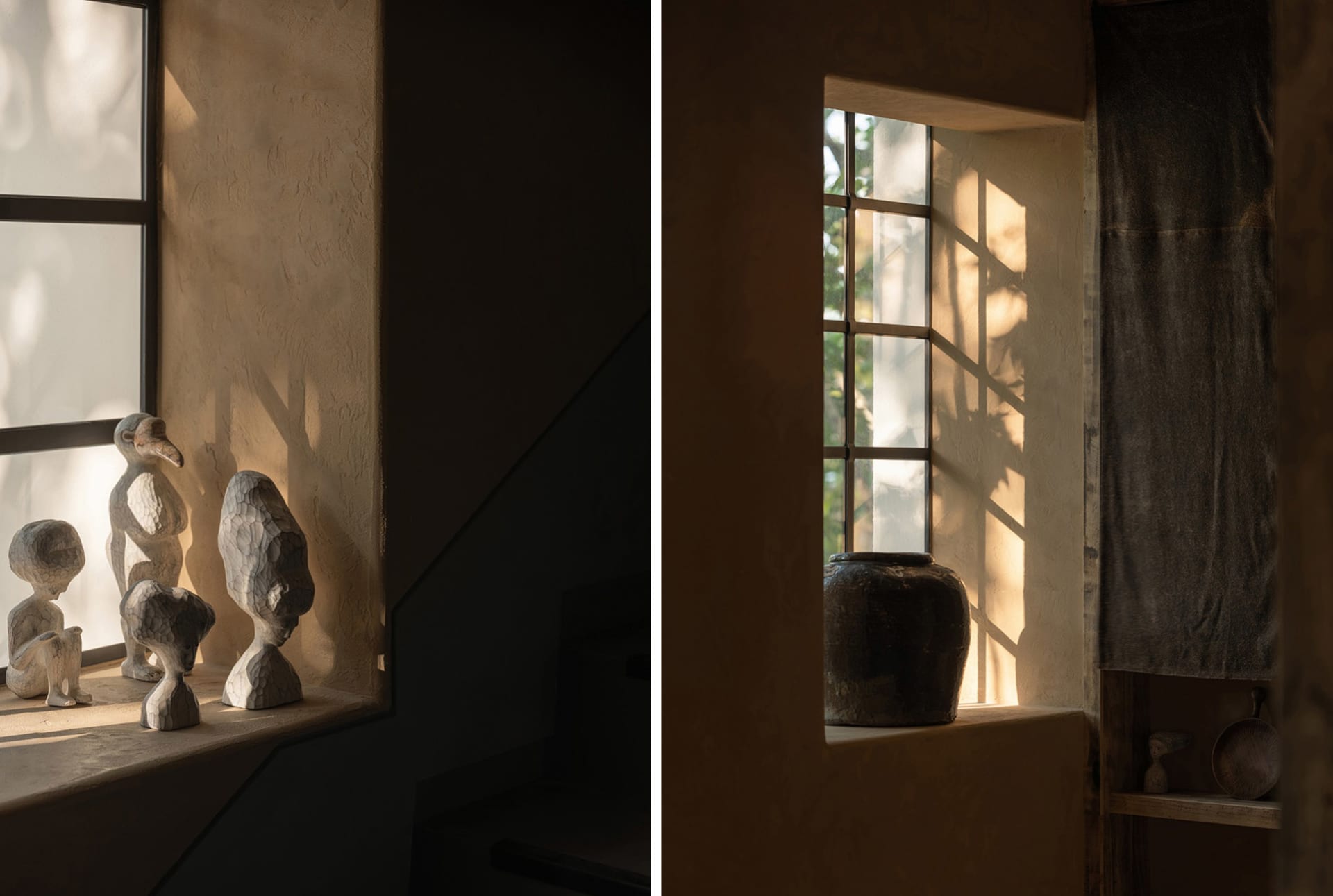 Ceramic sculptures displayed on a windowsill with shadow patterns cast across the wall.