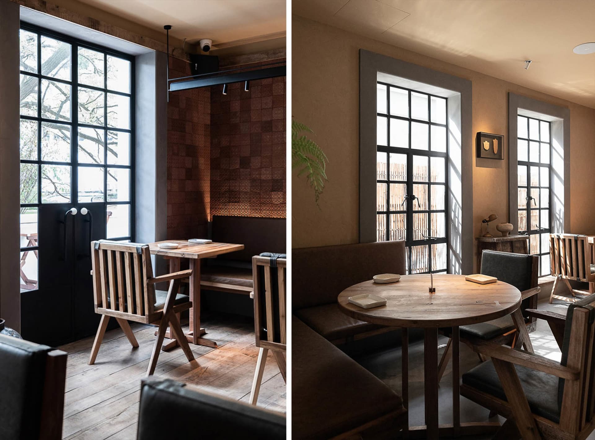 Modern restaurant interior with wooden tables and chairs, leather seating, and metal accents.