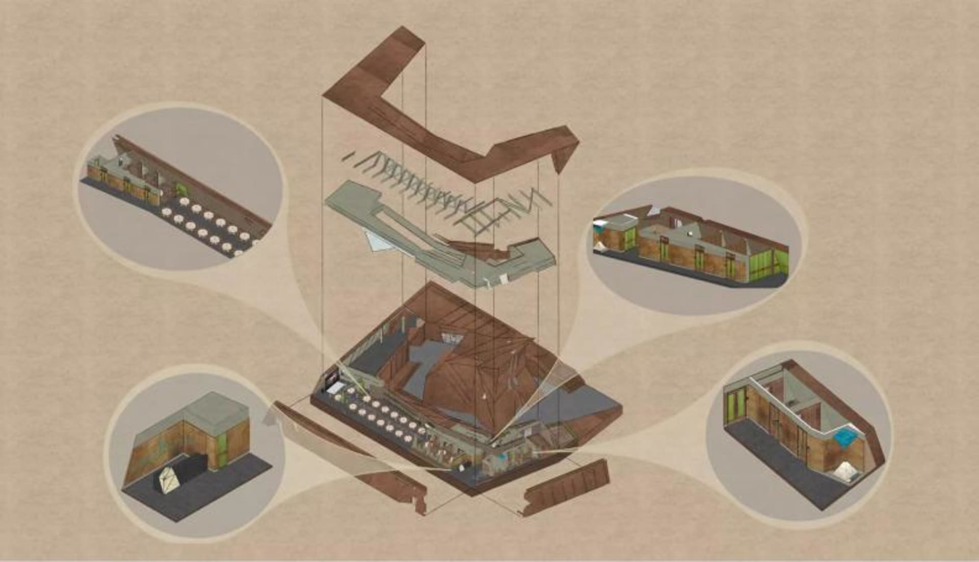 Isometric view of a contemporary architectural structure with structural wood materials.