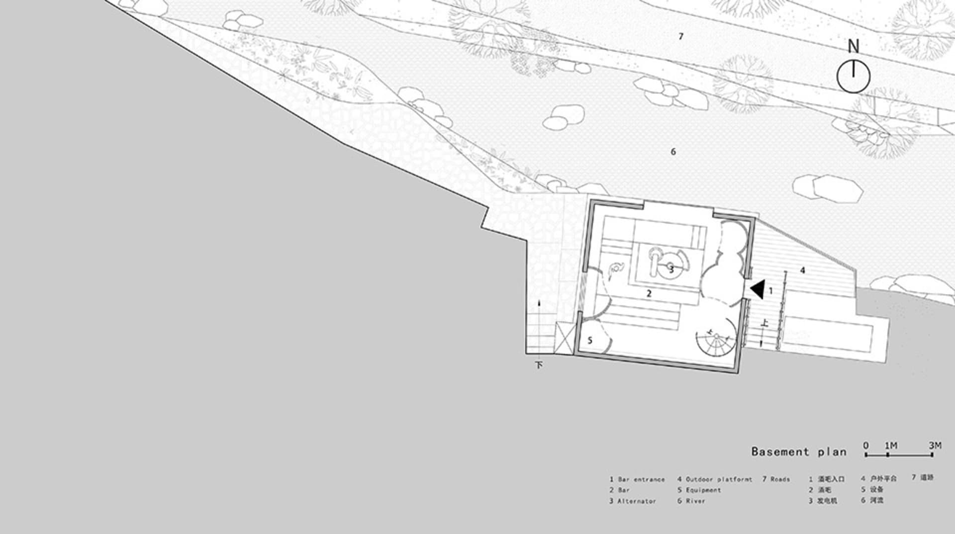 一張現代地下室方形平面圖的2D建築繪圖,房間已標註並附有尺寸。