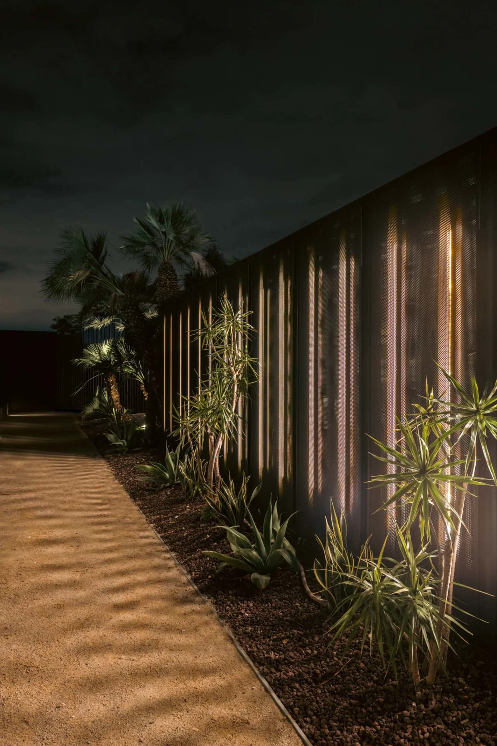 Modern architectural detail with illuminated metal panel and desert landscaping at night.
