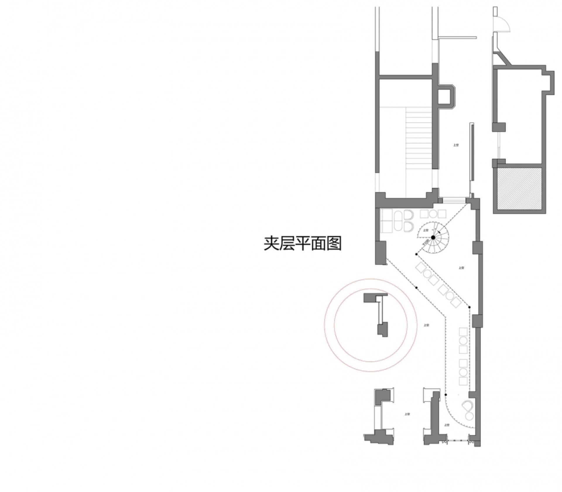 Modern interior design floor plan with a circular focus area.
