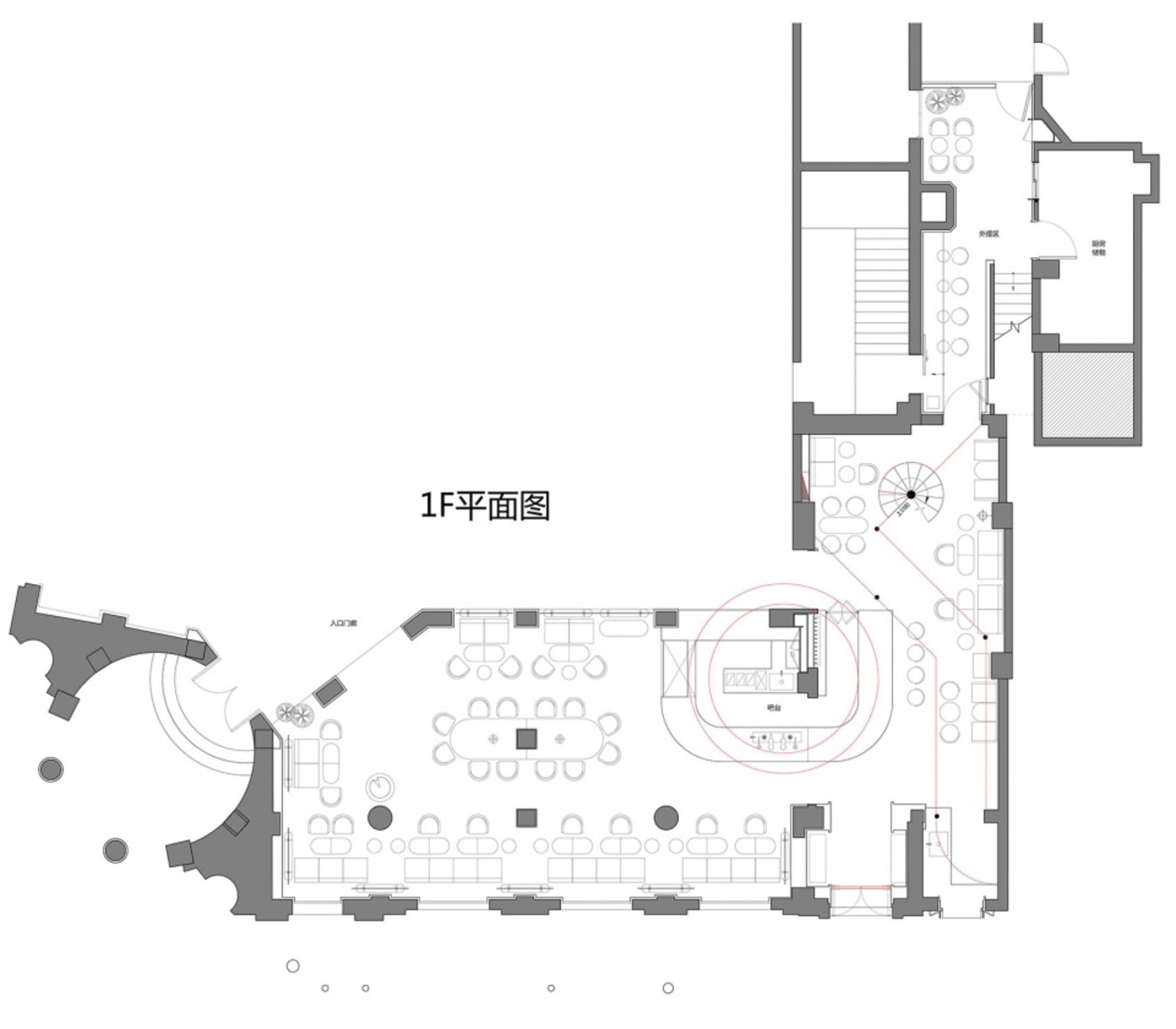 Linear 2D architectural drawing of a restaurant floor plan showing seating arrangements, tables, and functional zones.