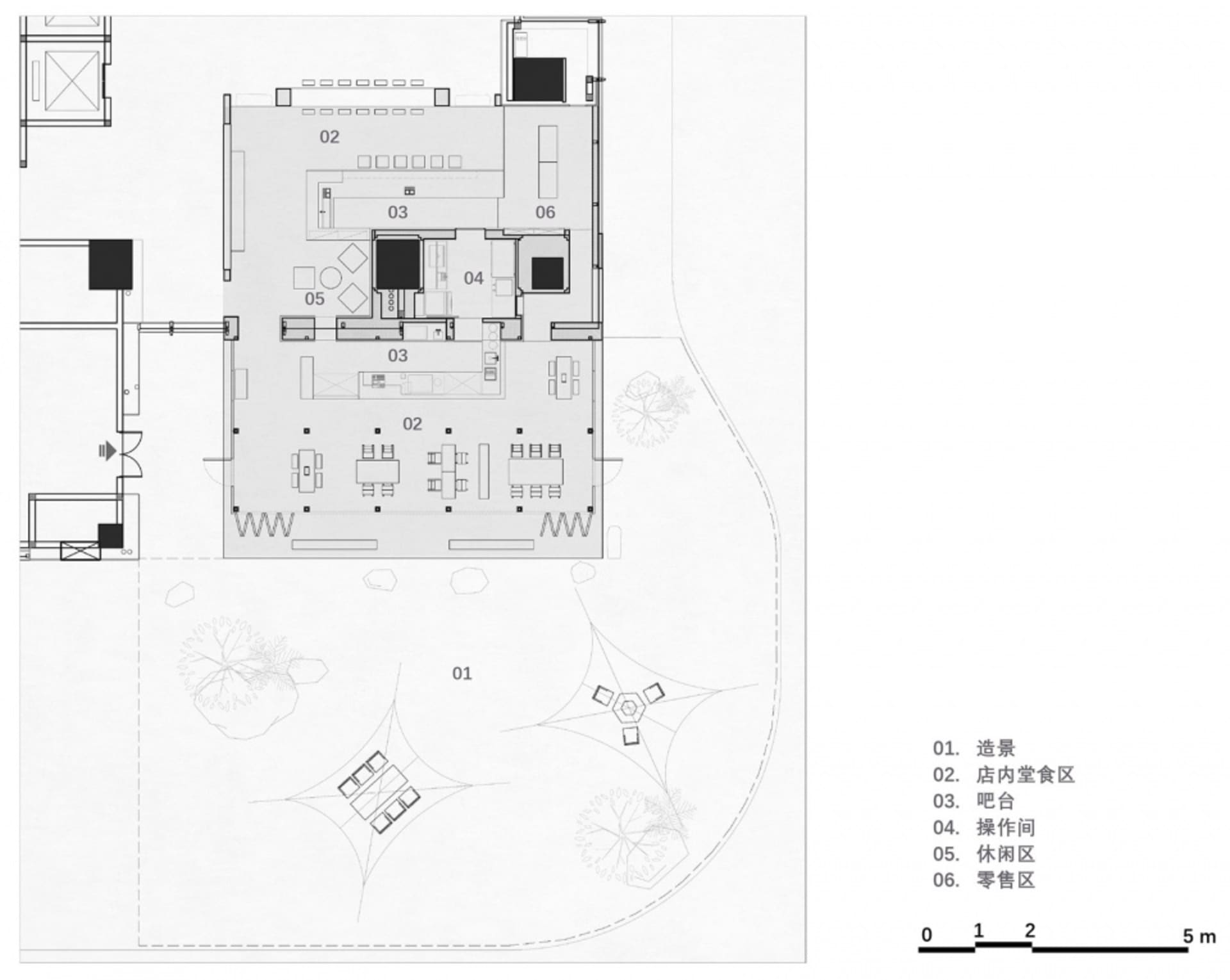 2D architectural drawing of indoor space planning, featuring designated areas for different functional zones.