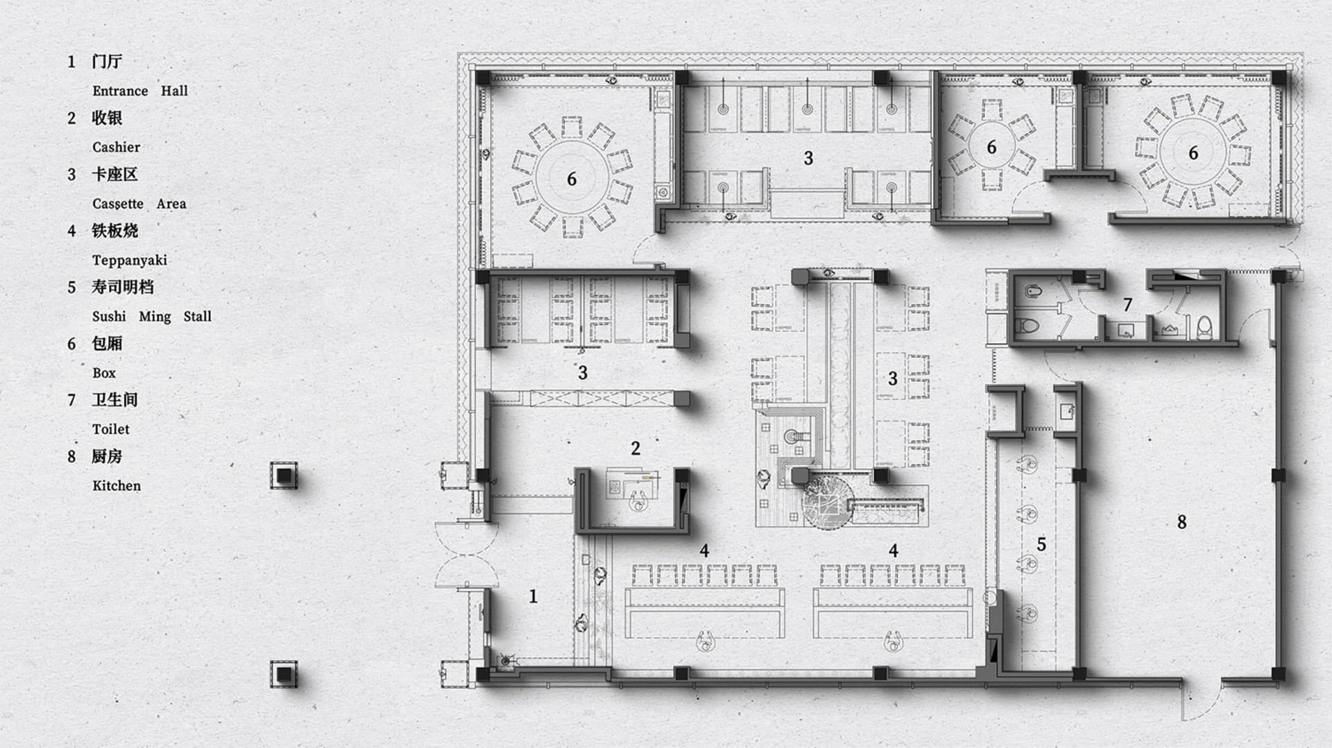 2D architectural drawing of a restaurant interior design layout.