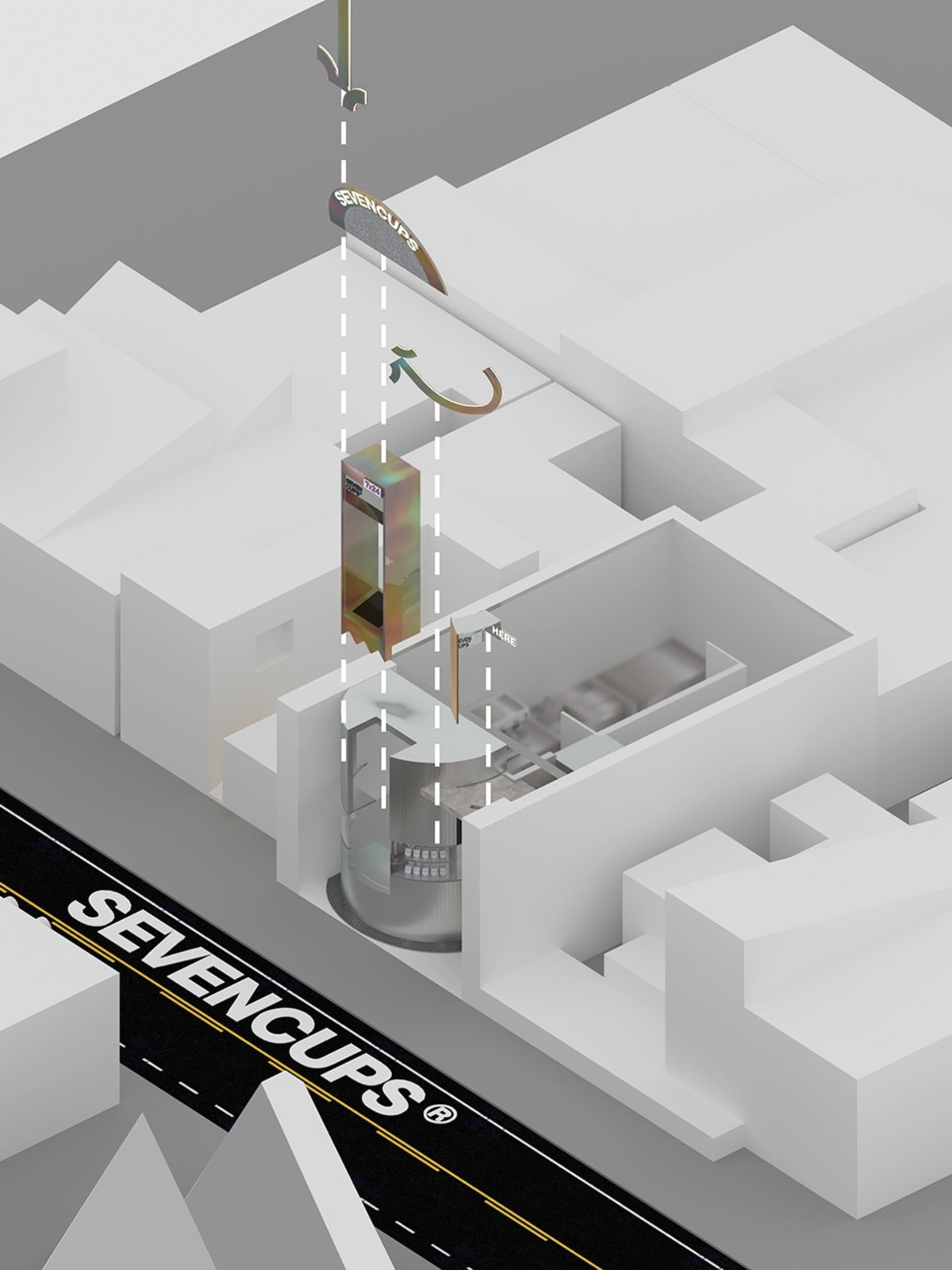 技術性建築渲染圖，呈現建築平面置於都市環境中。