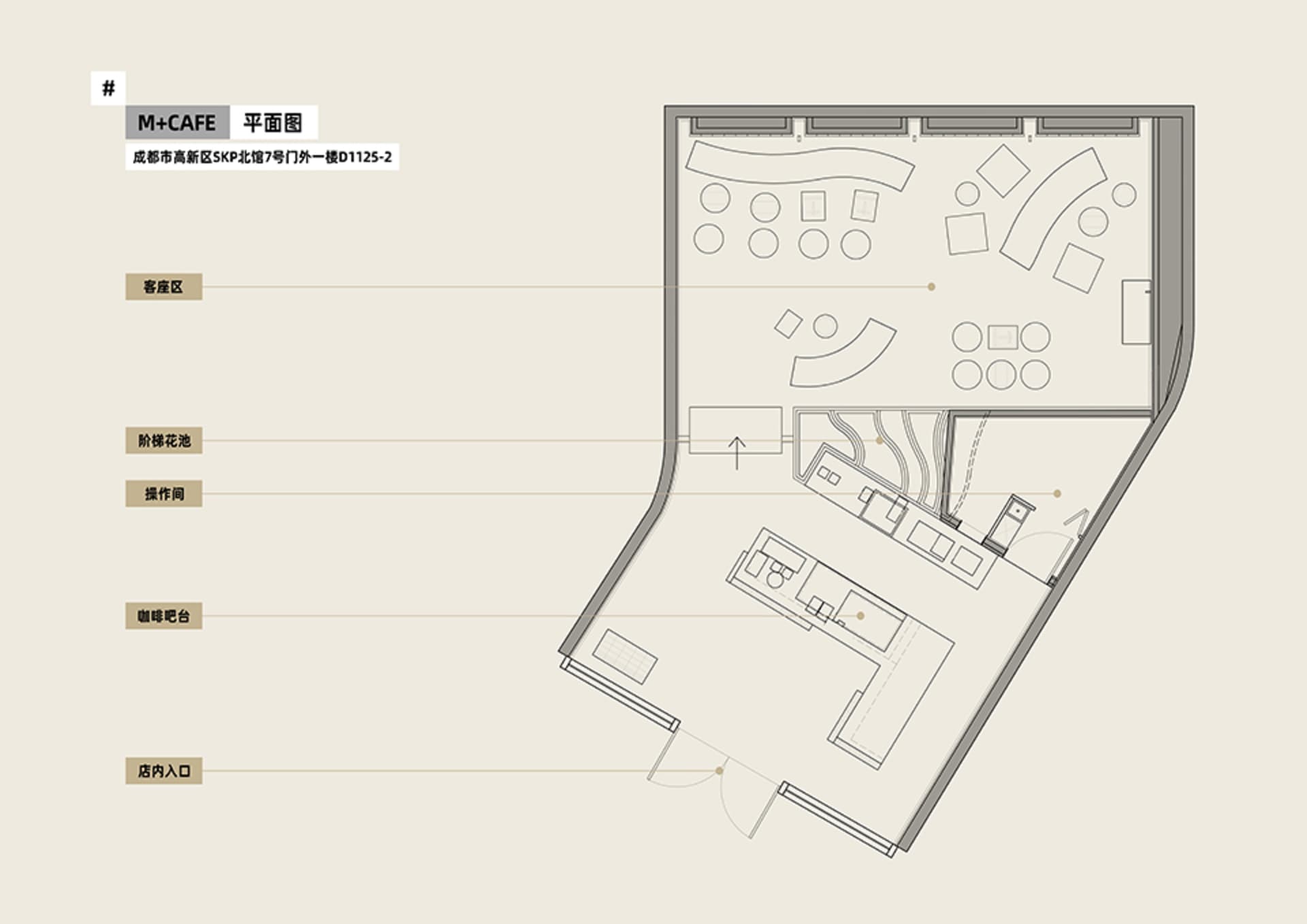 An architectural floor plan of a cafe with labeled areas such as guest seating, step flower bed, kitchen, counter bar, and en