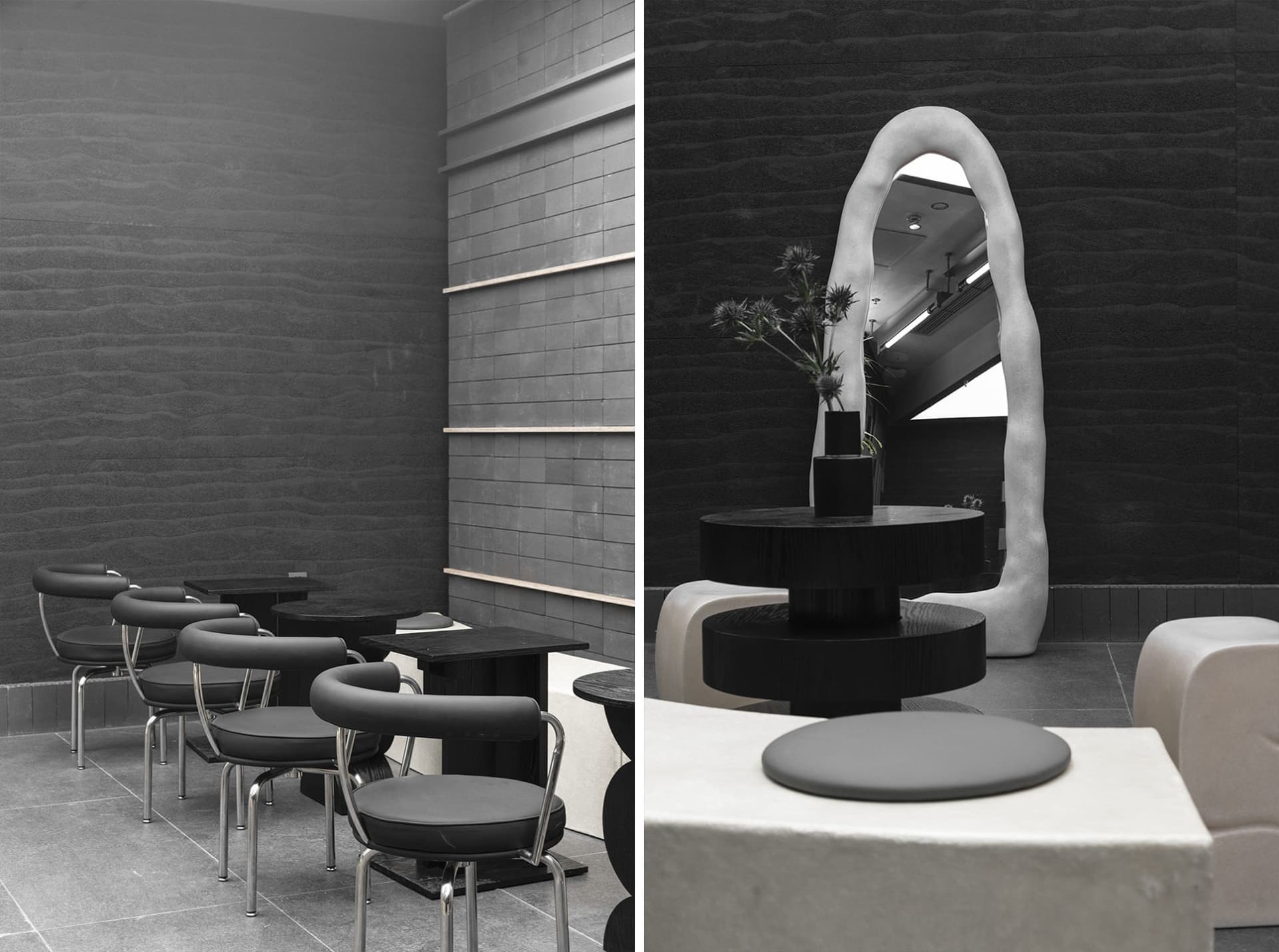 Modern cafe seating and tables with black and white concrete and metal materials