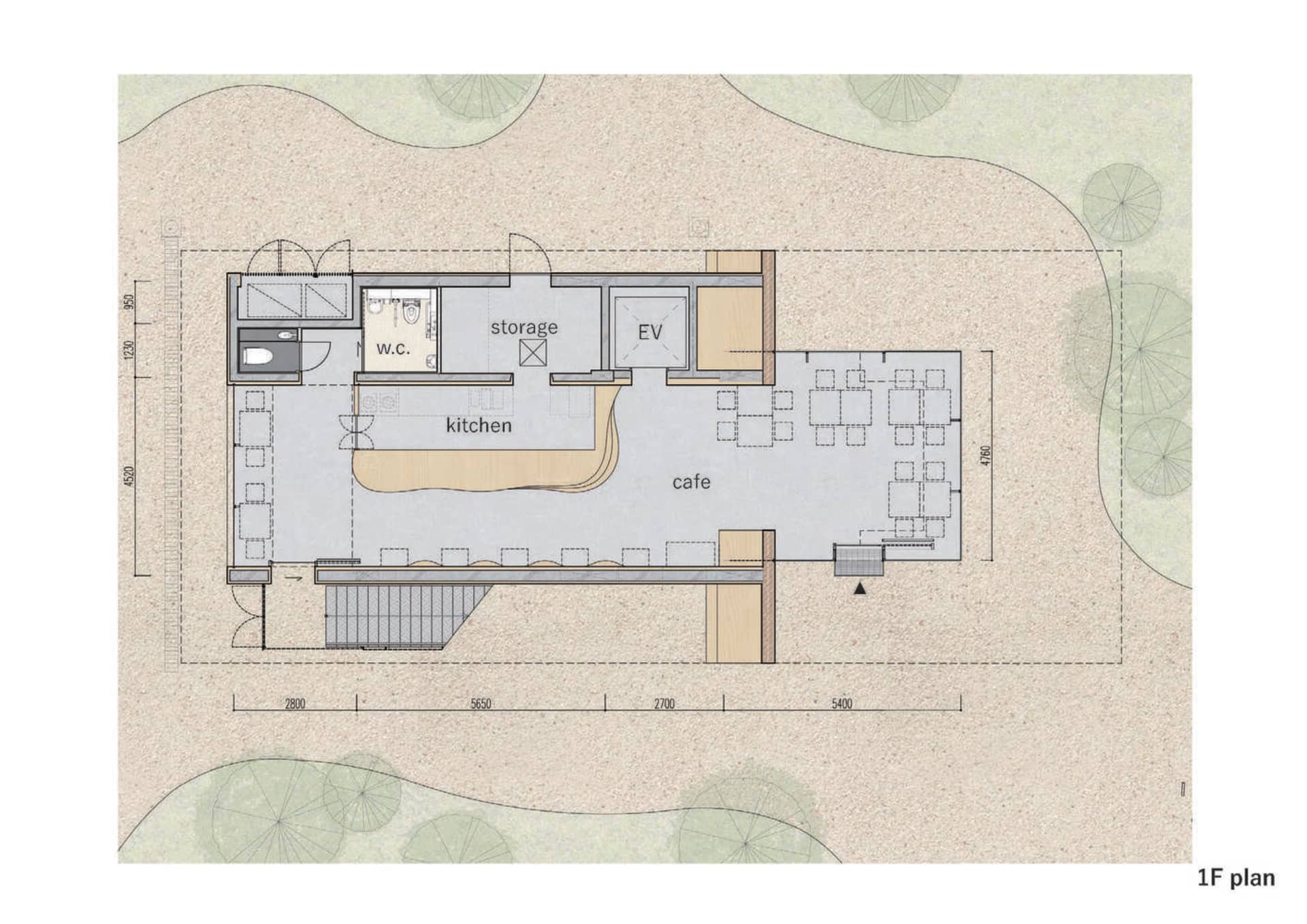 Floor plan of a cafe with concrete materials.