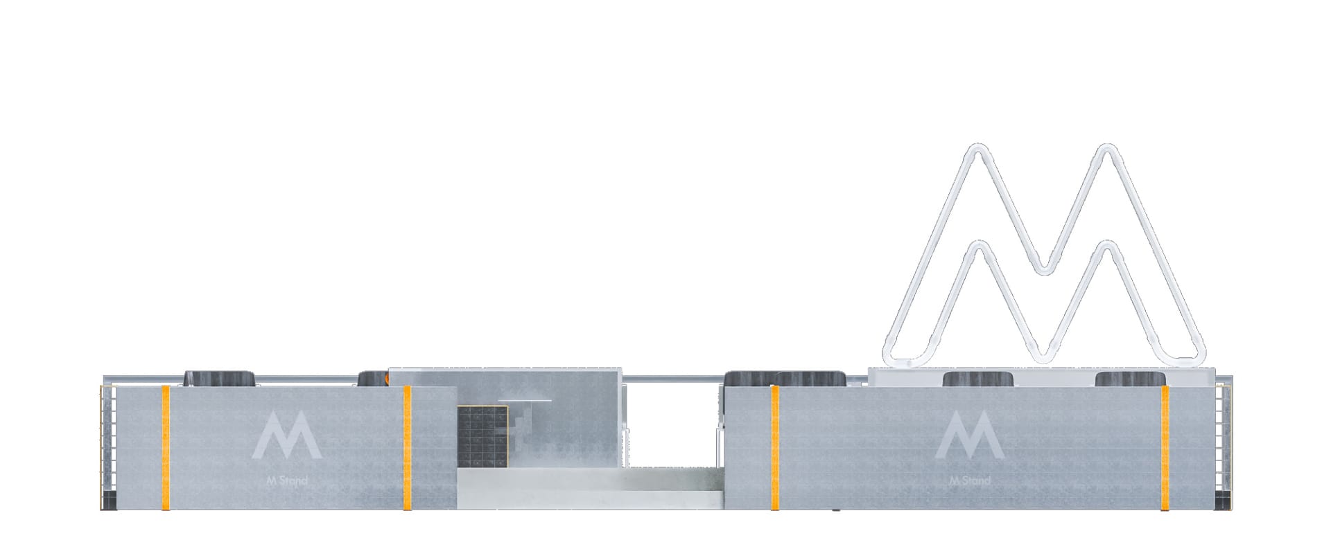 3D rendering of a metal museum exhibit plan with geometric shapes and a large 'M' logo.