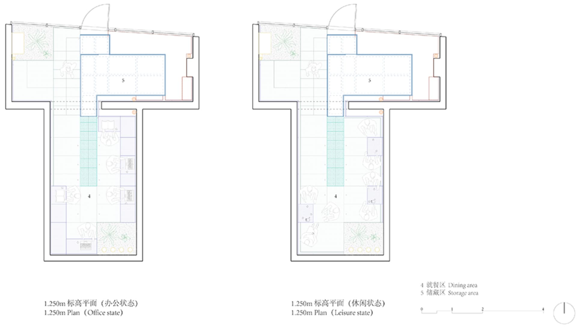 Floor plans of an office space depicting office and leisure zones.