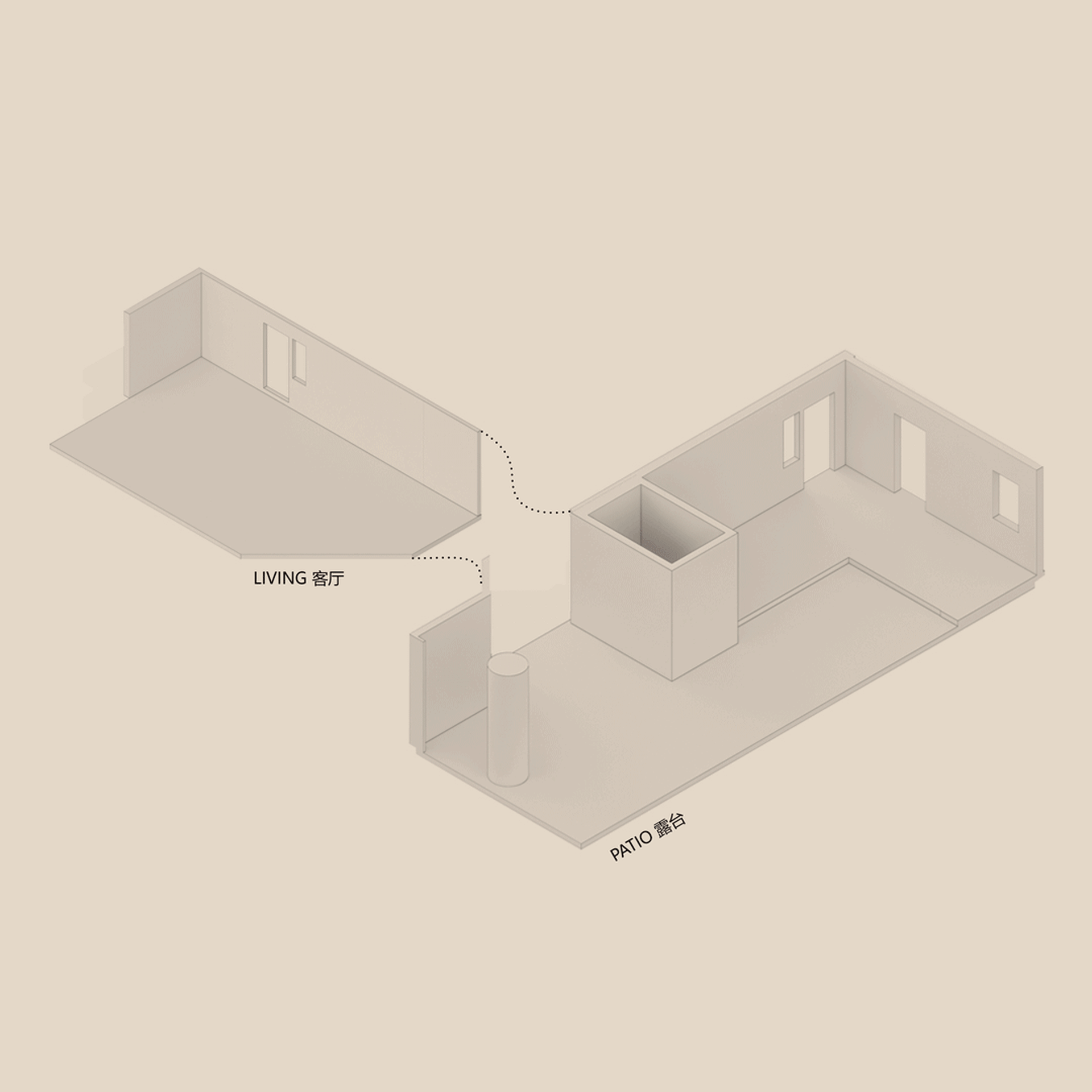 An isometric rendering of a minimalist living room with concrete walls and floor.