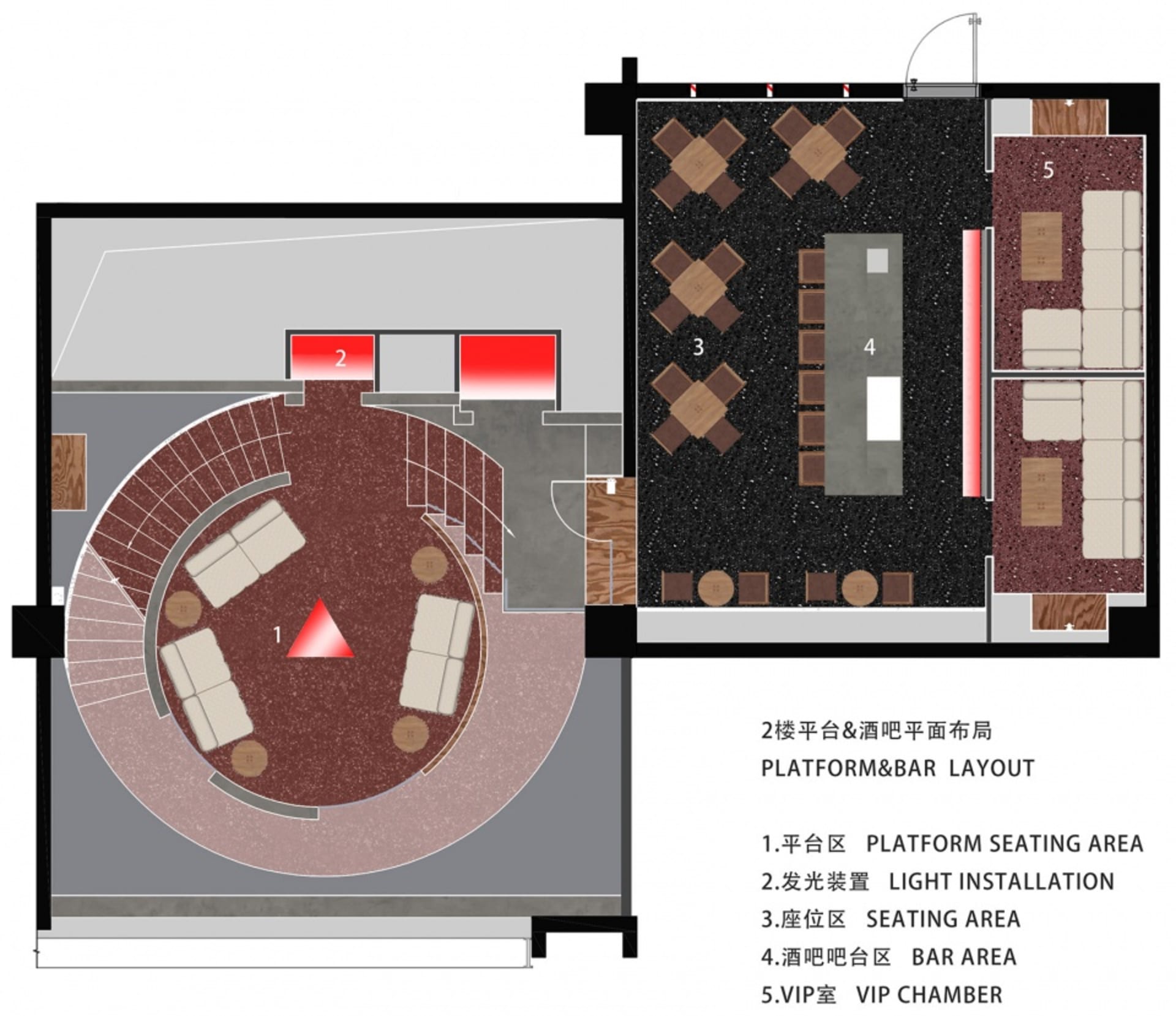平台酒吧區域的 2D 建築渲染圖,展示座位安排與燈光裝置。