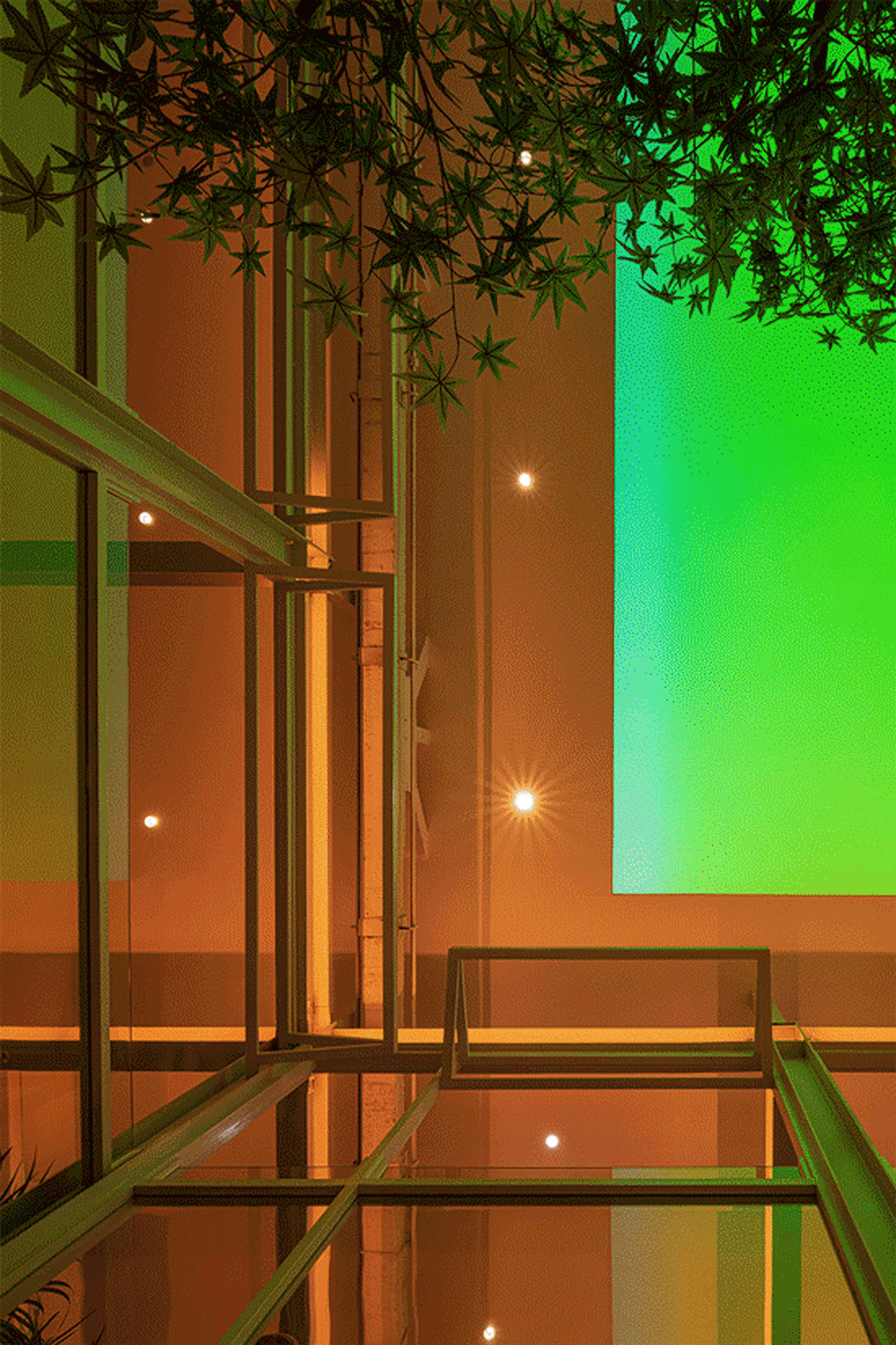 A modern interior design featuring a glass canopy structure.