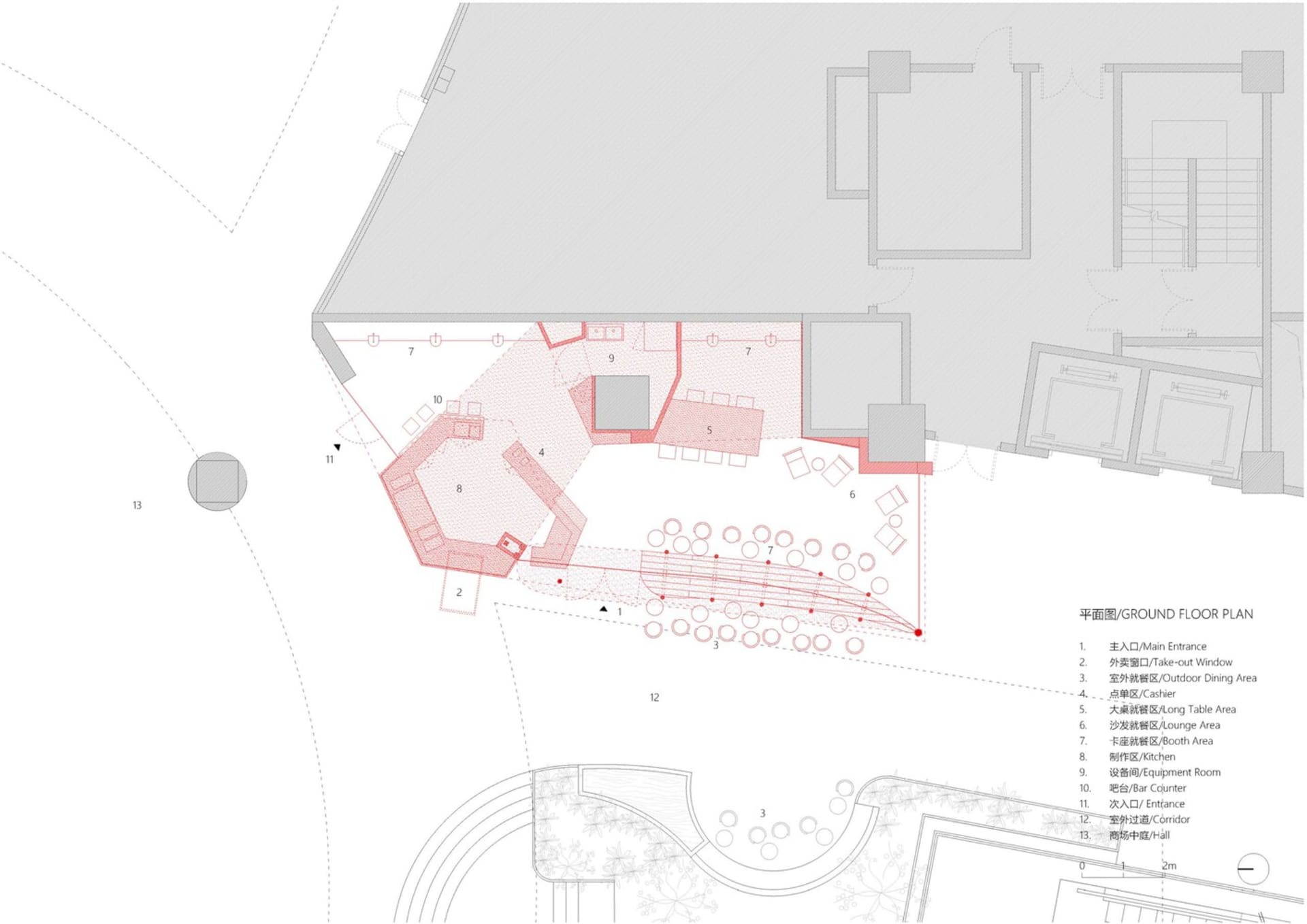 一份詳細的餐廳建築平面圖，標示出用餐區、廚房與吧台等功能區域。